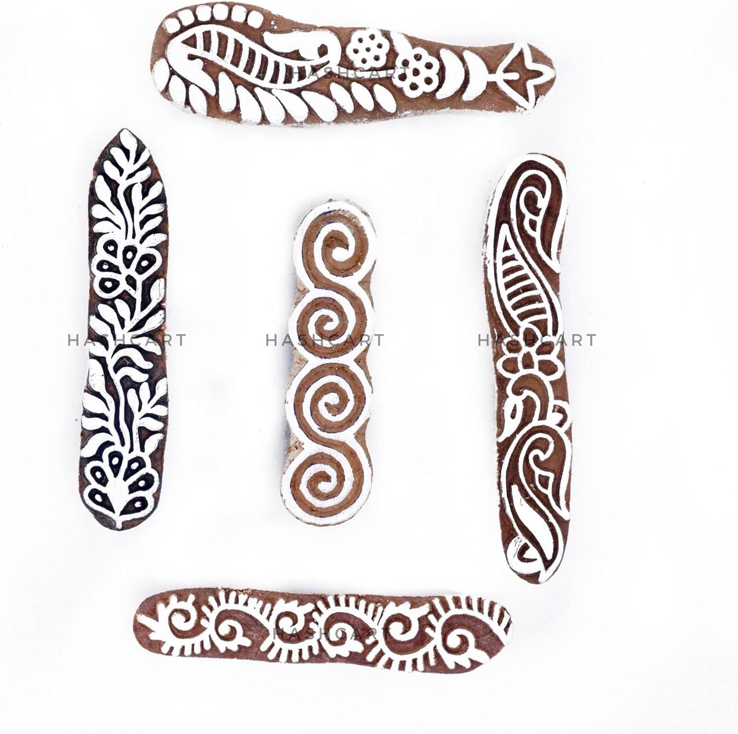 Hashcart | Set of 5 | Finger Shapes Wooden Printing Stamps for Saree Border Heena Clay Kids Art Project, Tattoo Handcarved Indian Textile Printing Blocks