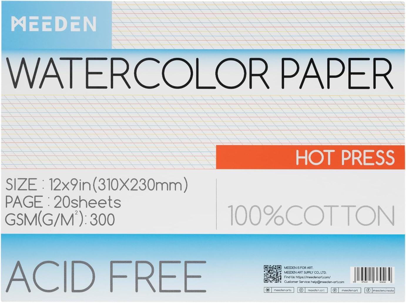 MEEDEN Watercolor Paper Block, 100% Cotton Watercolor Paper Pad of 20 Sheets, 140lb/300gsm, Acid-Free Art Paper for Watercolor, Gouache, Ink and More, 9" x 12" Hot Press