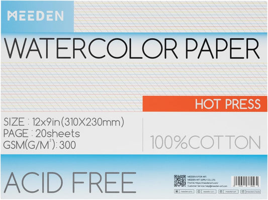 MEEDEN Watercolor Paper Block, 100% Cotton Watercolor Paper Pad of 20 Sheets, 140lb/300gsm, Acid-Free Art Paper for Watercolor, Gouache, Ink and More, 9" x 12" Hot Press
