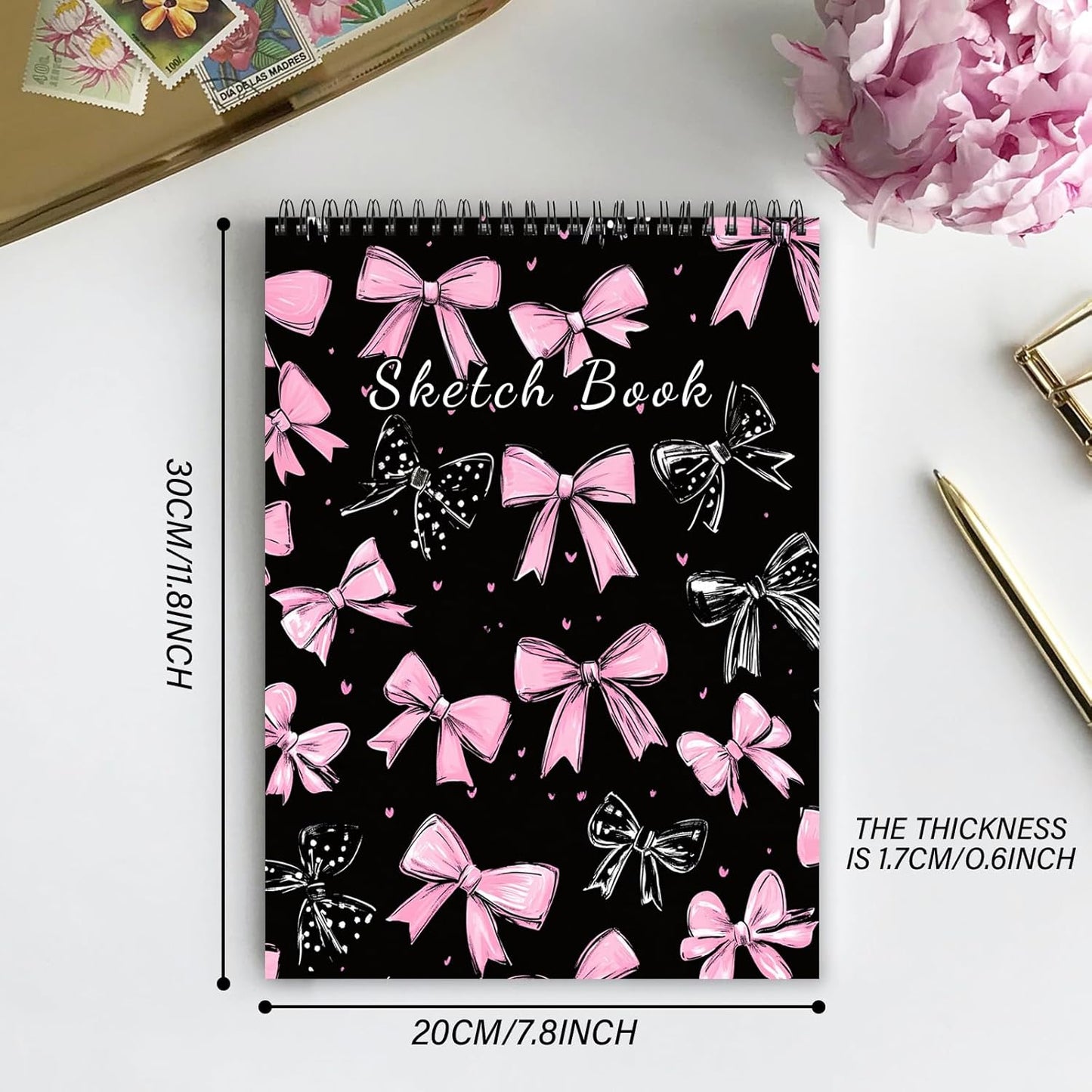 Cabreche Cute Sketchbook Top Spiral Bound Sketch Pad, 9 x 12 inch,100GSM Thick Paper,50 Sheets 100 Pages,Art Sketch Book Artistic Writing Drawing Paper for Girls Women Beginners-Black Pink Bowknot