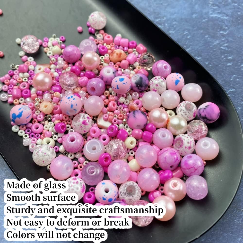 Assorted Glass Resin Beads Multi Size Colors Smooth Cracked Gravel Millet Spacer Beads for Bracelets Necklace Earring DIY Jewelry Making Craft(Pink Series)