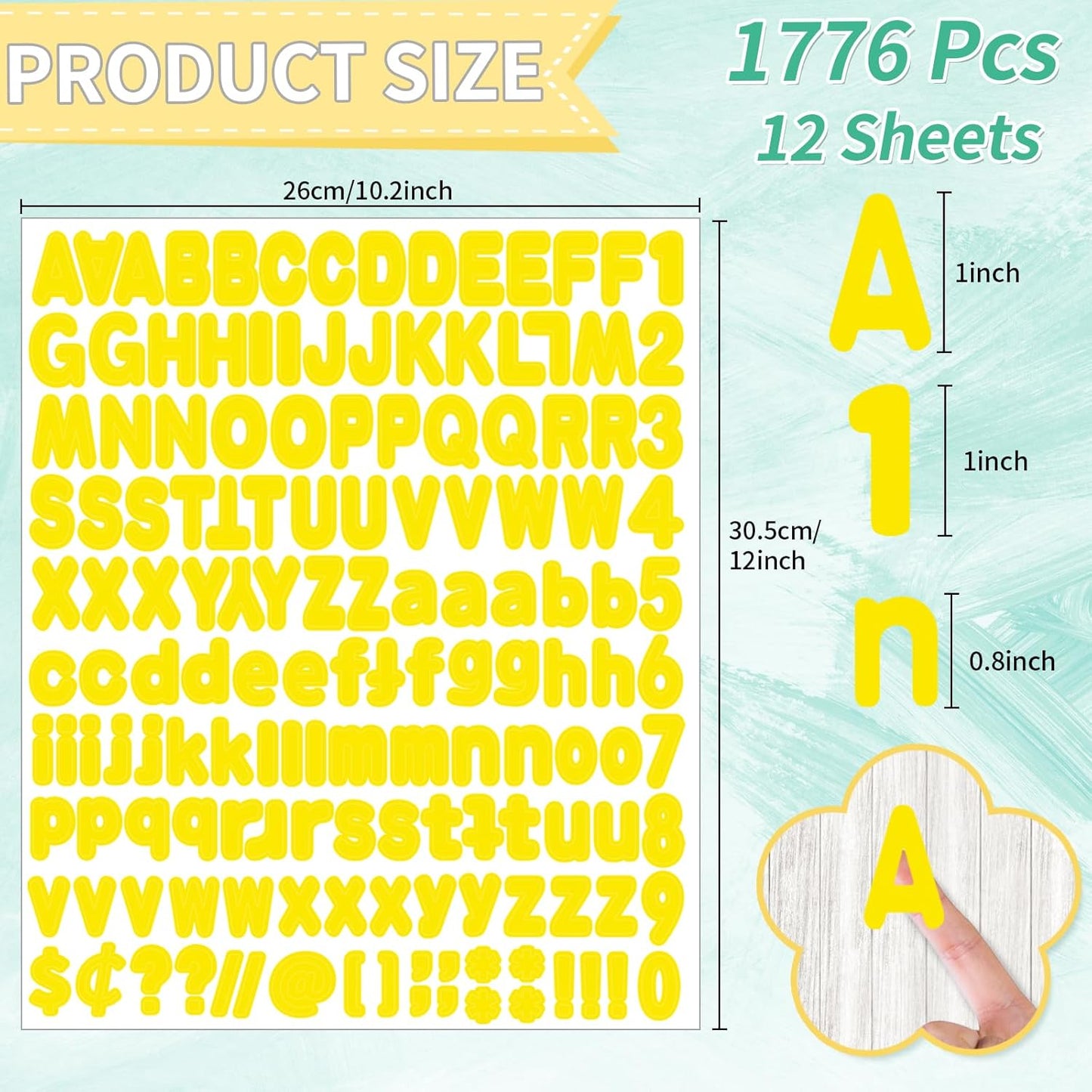 Alphabet Stickers, 1'' Yellow Letter Stickers - 12 Sheets, Self-Adhesive Vinyl for Mailbox Numbers, Bulletin Boards, Classroom & Home Decor