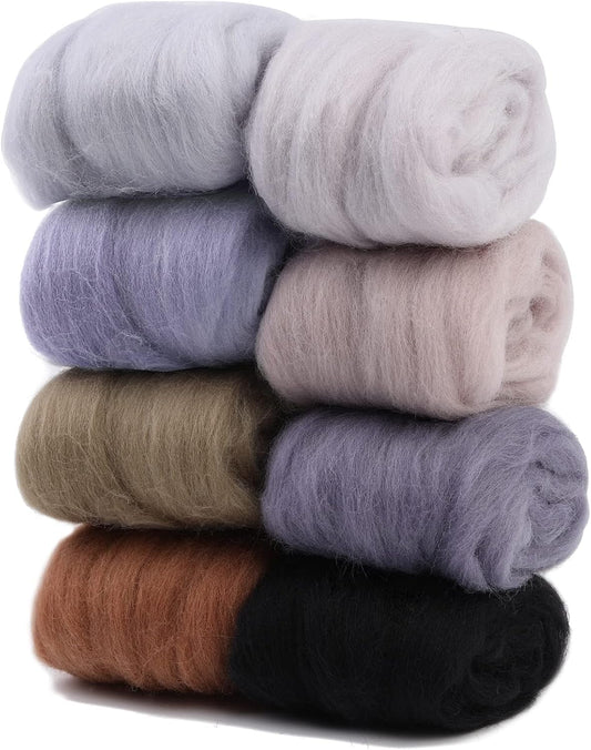 WONVOC Needle Felting Wool 80g, Wool Roving, 8 Colors, Bulk, for DIY Crafts & Felting, 10g/Color, Grey