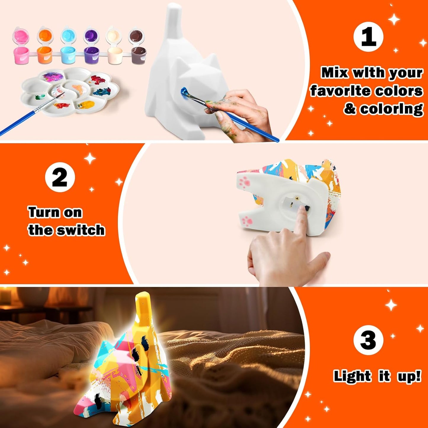 FUNZBO 4.3in Paint Your Own Cat Lamp Kit - Halloweens Arts and Crafts Supplies Painting Set for Kids Teens, DIY Night Light Toy for Toddlers Girls Boys Age 3 4 5 6 7 8 9 10 11 12 13 +