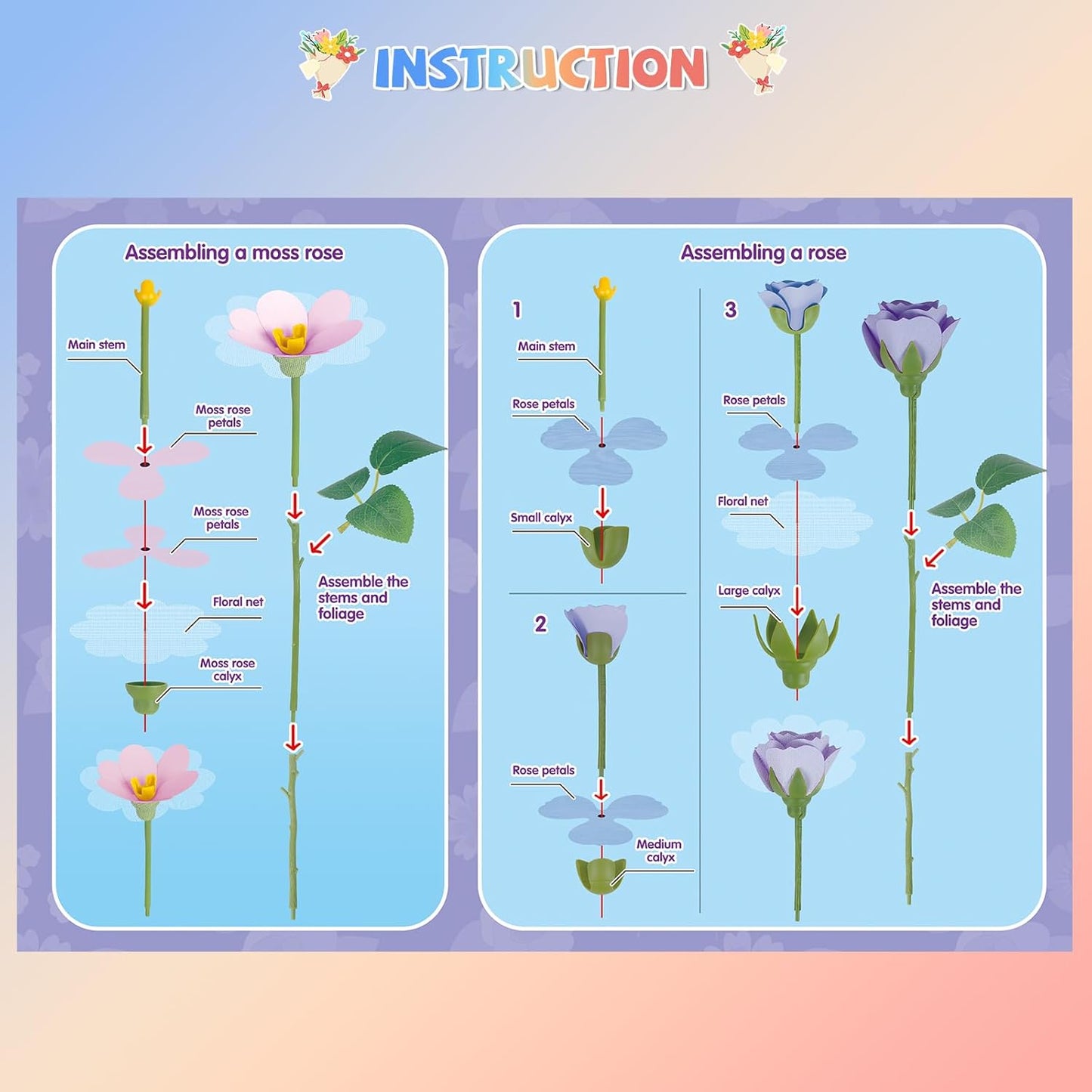 kenvc DIY Flower Bouquets Toys, Fabric Flower Market Toy is for Kids Best Gifts for Girls Boys Ages 5 6 7 8 9 10 to Craft Your Own Master Piece of Color Changing Flowers Kit