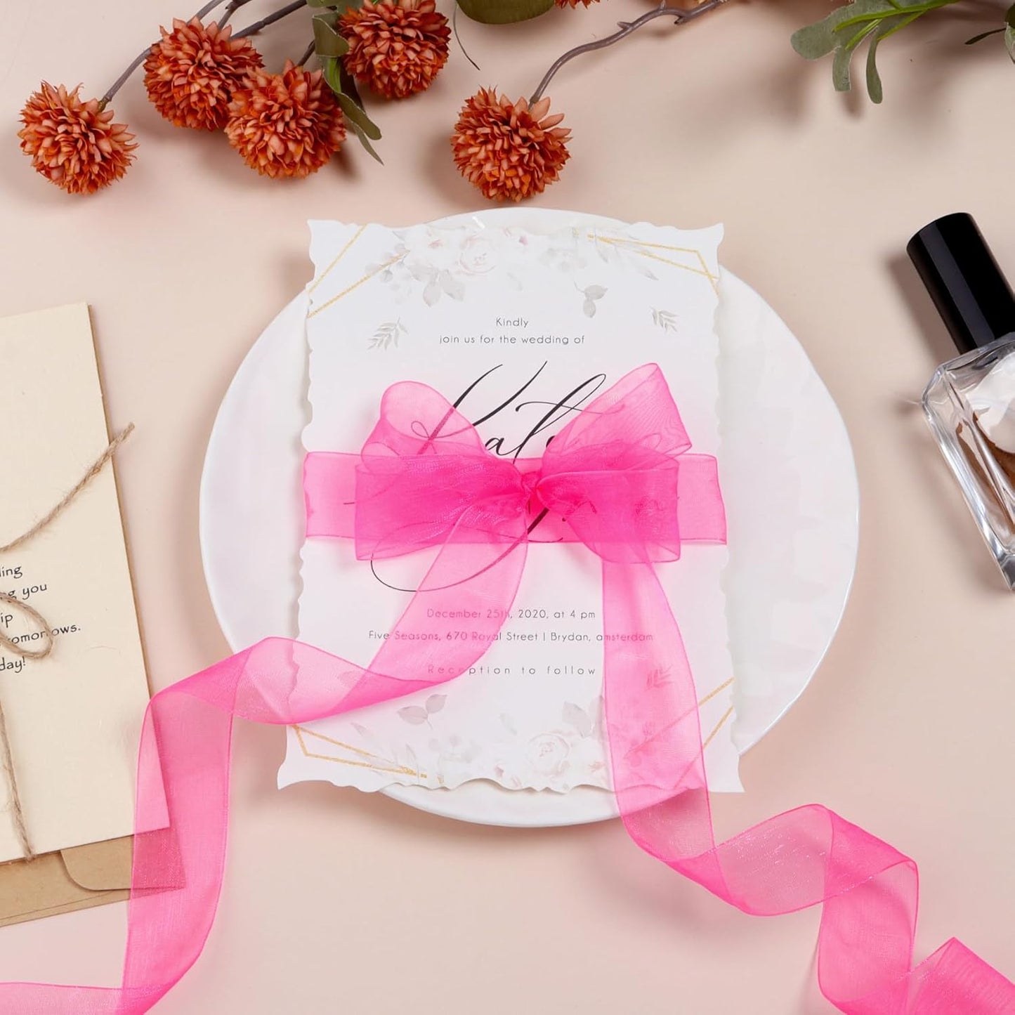 Ribbon for Gift Wrapping 3/4 inch Hot Pink Sheer Organza Ribbon for Flower Bouquet Tulle Thin Chiffon Ribbons for Wedding Invitations Christmas Halloween Presents Decorations Crafts 50 Yards