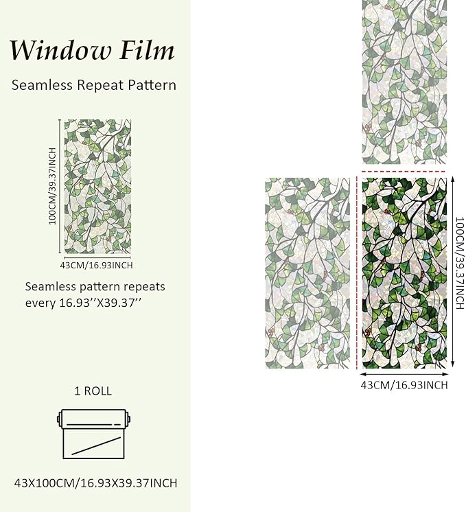 Rainbow Window Privacy Film Stained Glass Handmade Design for Bathroom, Ginkgo Leaves, 39.37'' x 16.92''