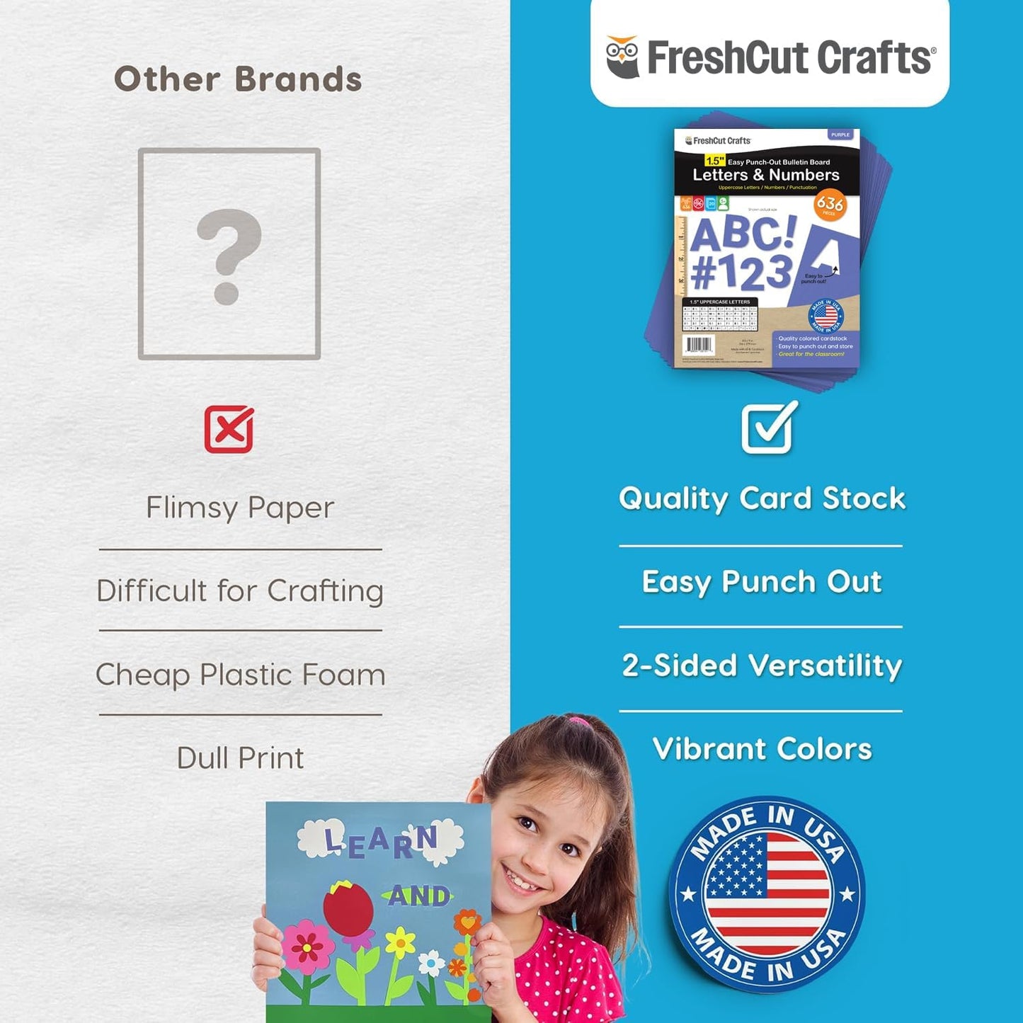 FreshCut Crafts 636 Pcs 1.5 in. Purple Bulletin Board Letters & Numbers, Capital Alphabet Letters, Numbers, Punctuation, US Made Card Stock Punch Out Letters for Posters, Bulletin Boards, Classroom