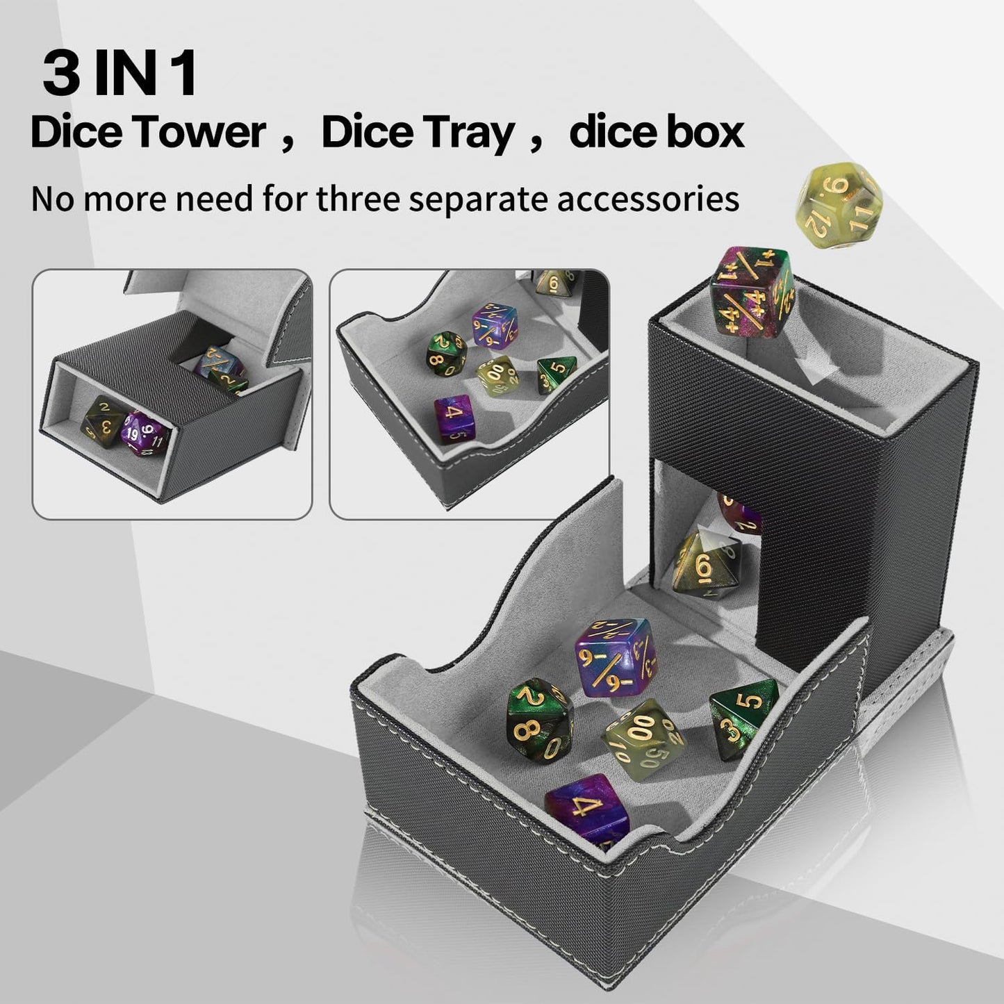 Dice Roller Tower, Premium DND Magnetic Dice Tray, Foldable PU Leather Dice Tower RPG Gifts for Dungeons and Dragons MTG Dm & Player Black/Grey