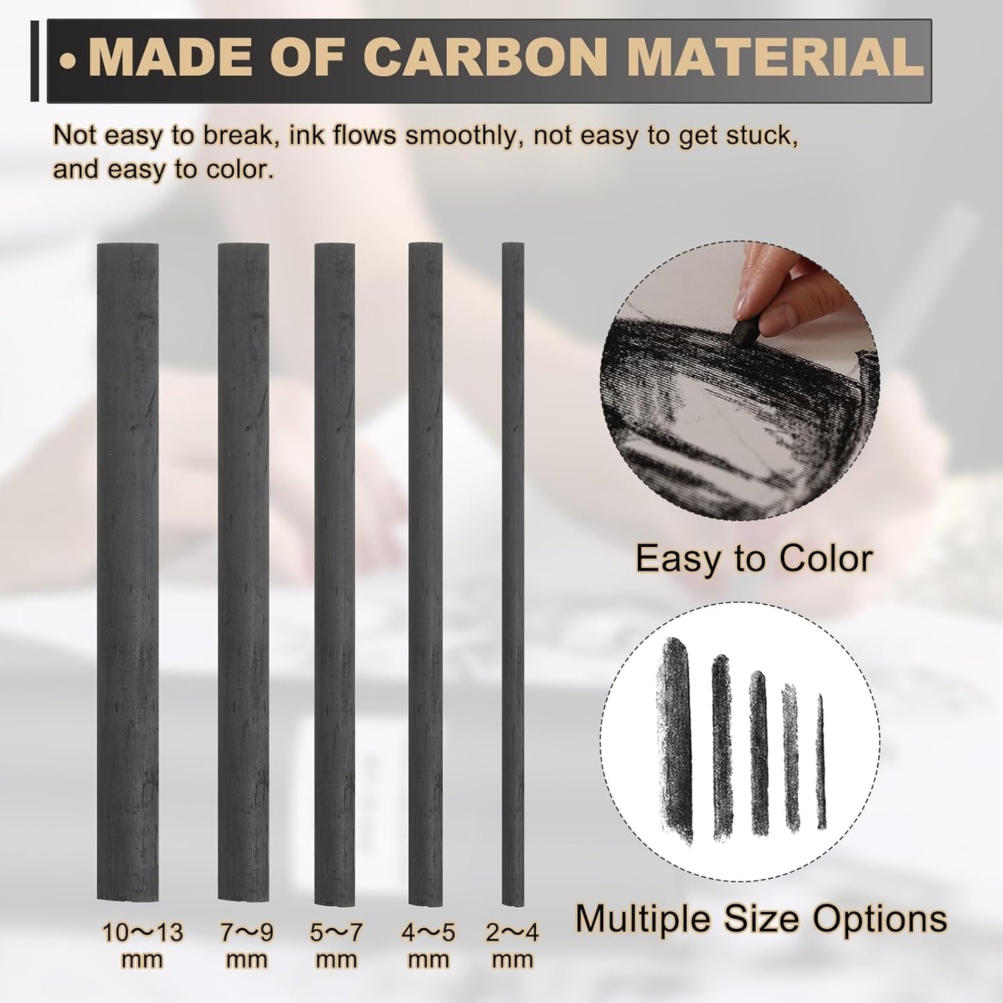 MECCANIXITY Willow Charcoal Sticks, 10-13mm Willow Charcoal Pencils Soft Sketch Vine Art Supplies Set for Drawing Sketching Shading Painting Artists Beginners (Black, Pack of 4)