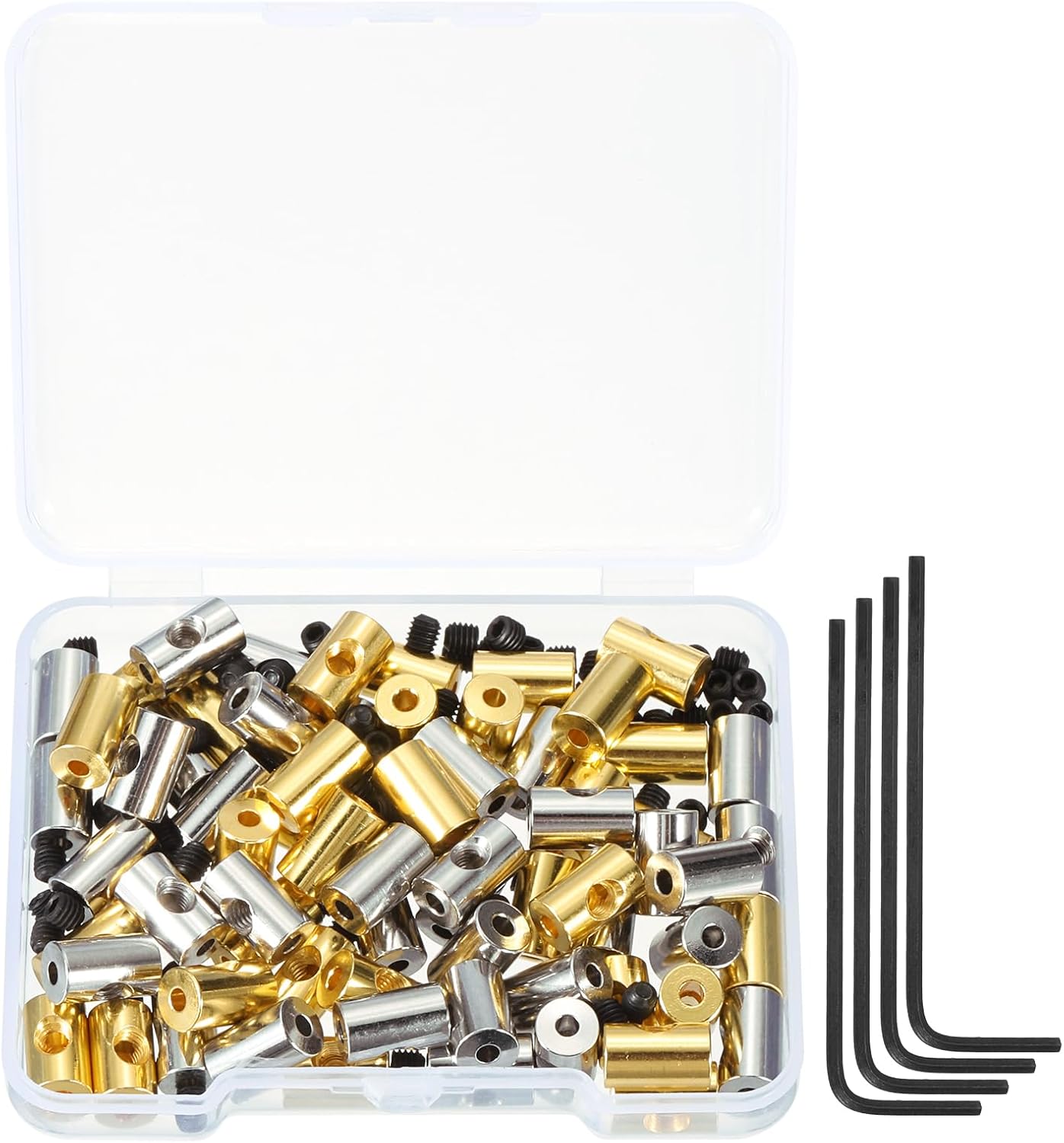MECCANIXITY 70 Pcs Metal Locking Pin Backs, Locking Pin Keepers Clasp 9mm(H) with 4 Wrench Replacement in Storage Case for Badge, Brooch, Silver, Gold Tone