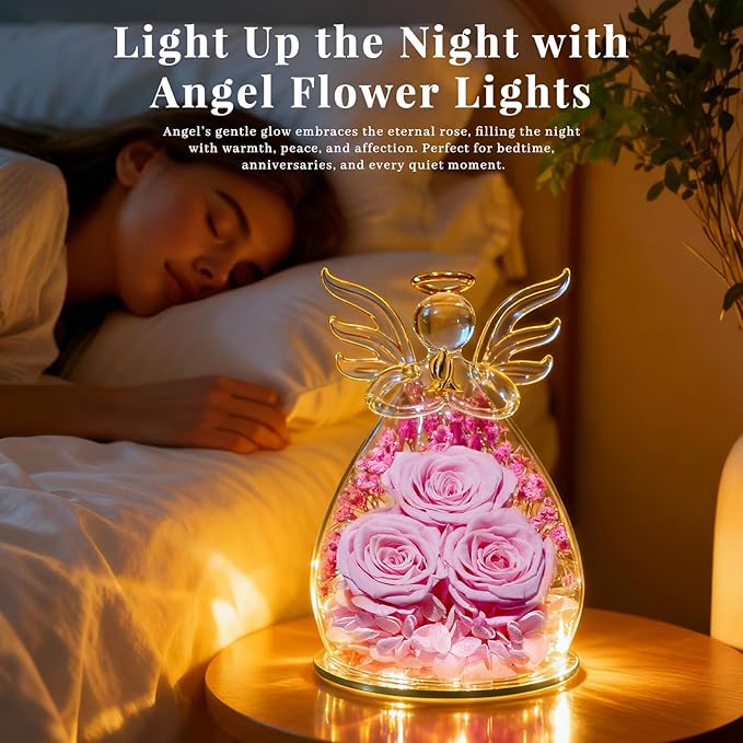Beferr Valentines Day Rose Gifts for Her Women Mom Gifts for Birthday, Fresh Flowers for Delivery Forever Preserved Rose in Glass Angel Figurine, for Grandma Wife Daughter Girlfriend