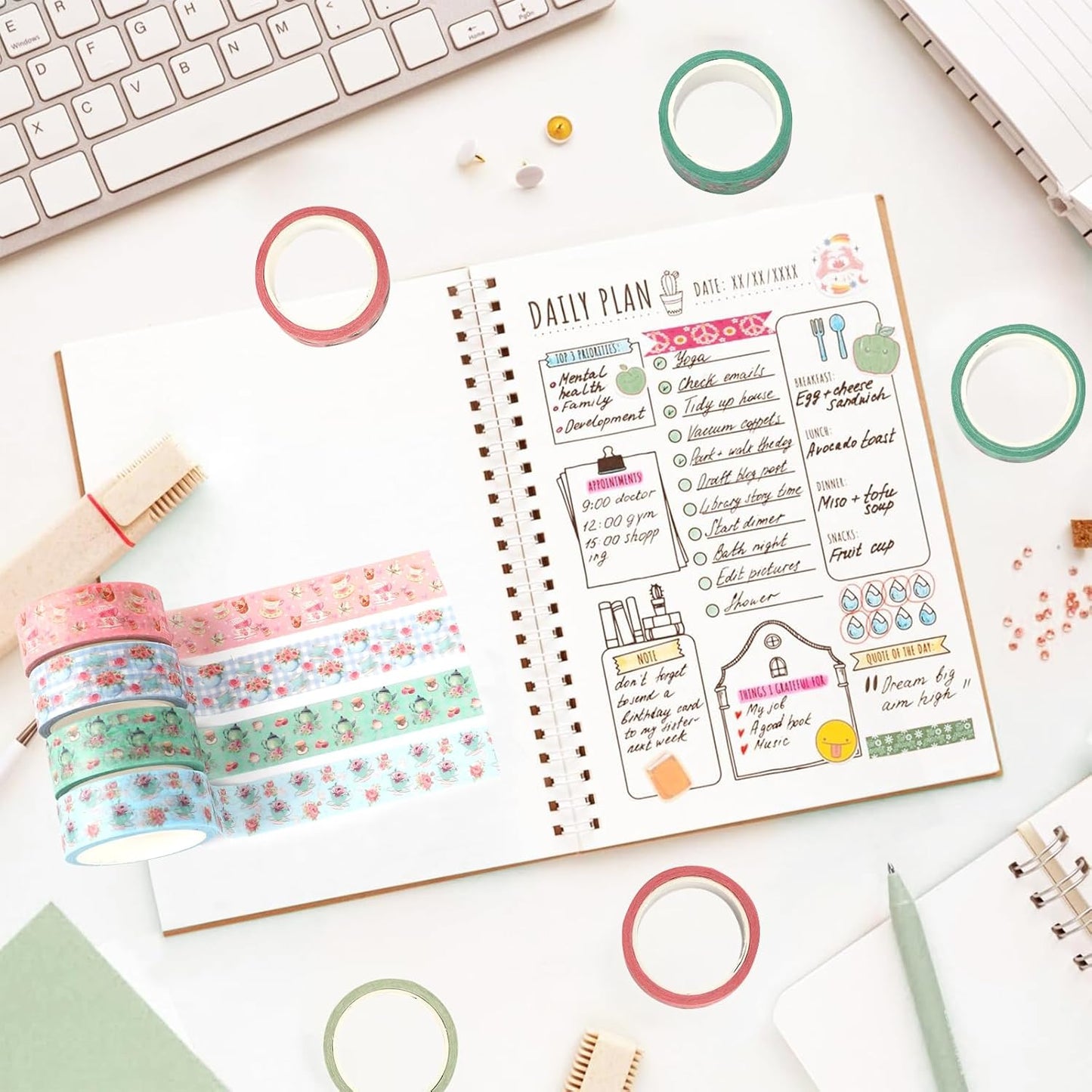 12 Rolls Tea Party Washi Tape, Afternoon Tea Decorative Tape for Scrapbooking, Bullet Journals, Planners, Party Decorations, DIY Crafts, Gift Wrapping, 16.4FT