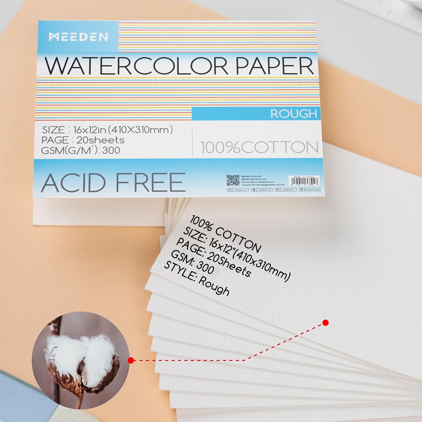 MEEDEN Watercolor Paper Block - 100% Cotton Watercolor Paper Pad of 20 Sheets, 140lb/300gsm, Acid-Free Art Paper for Watercolor, Gouache, Ink and More, 16" x 12" Rough