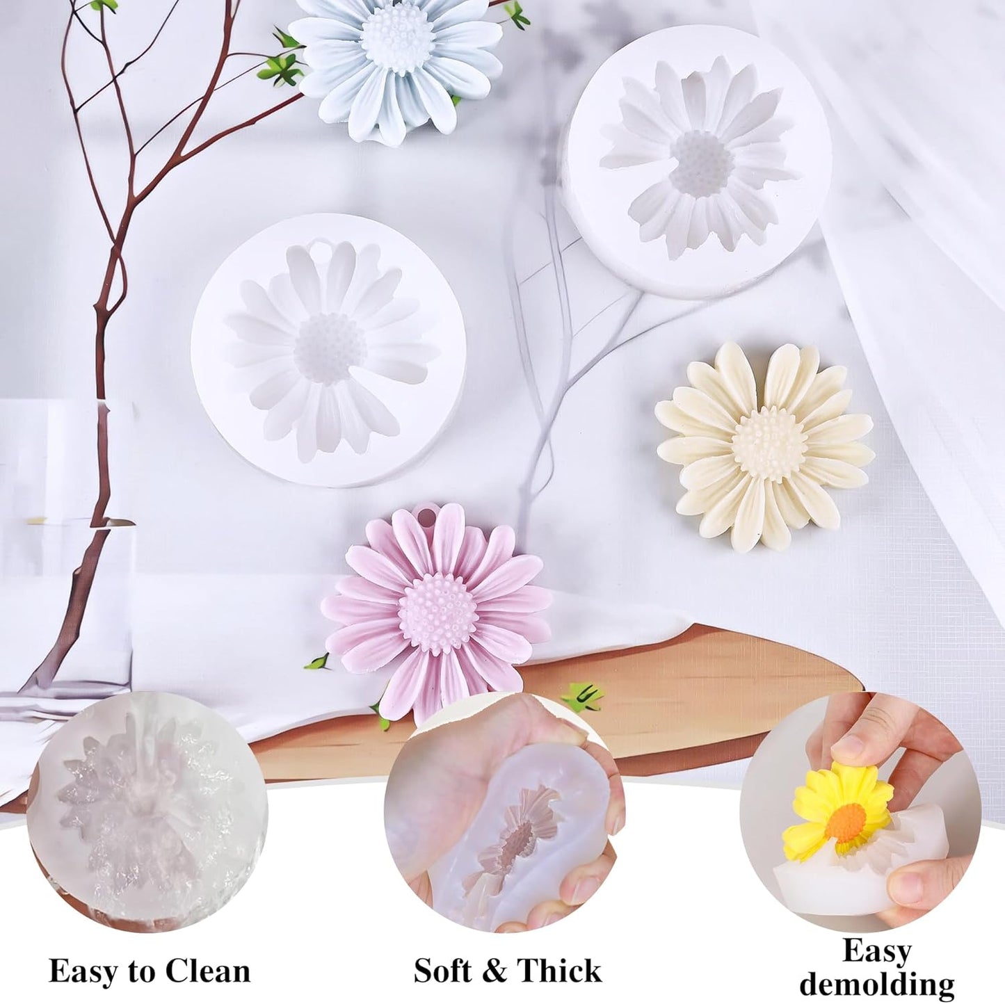 4 Pcs Daisy Flower Candle Molds, Silicone Molds for Candles Making, 3D Flower Shape Decorating Mold for Fondant Soap Chocolate Cake, DIY Wax Epoxy Resin Moulds for Clay Craft