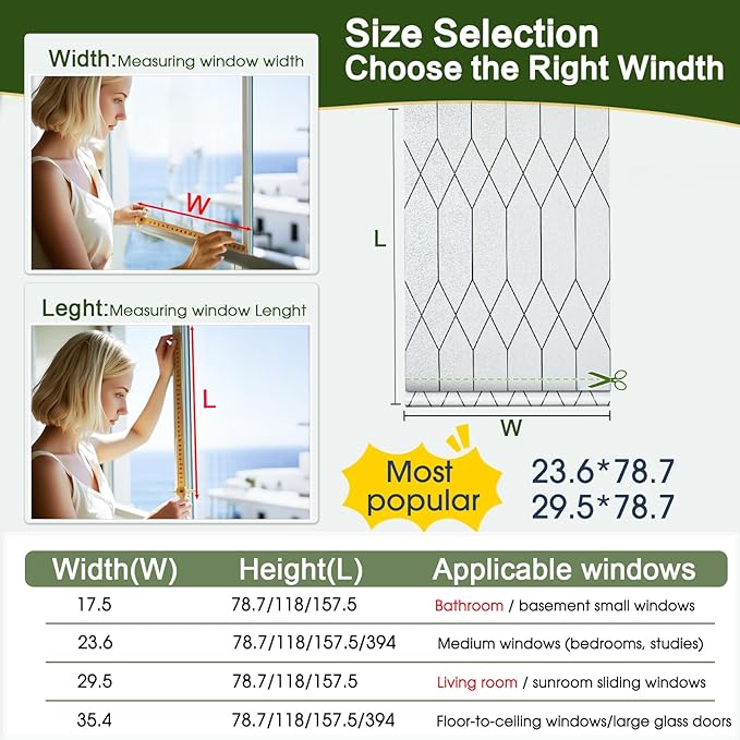 Windimiley Window Privacy Film Stained Glass Static Clings, Bathroom Frosted Leaded Decorative Window Stickers, UV Heat Blocking Opaque Removable for Home Door Coverings (35.4 x 78.7 in,Pure)