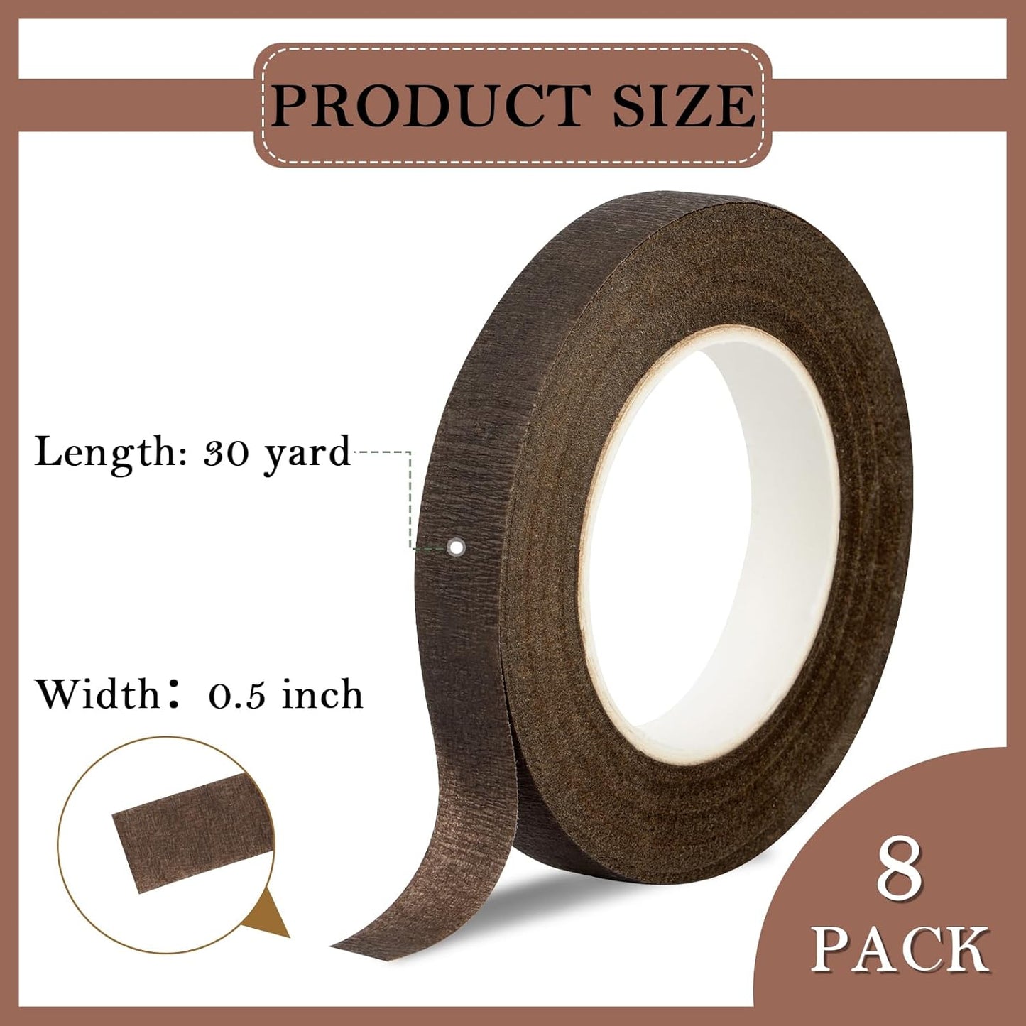 8 Packs Floral Tape, 1/2" Wide Flower Tape, Brown Floral Tape for Fresh Flowers, Adhesive Florist Tape for Floral Crafts, Bouquet Floral Arranging Stem Wrapping, Wedding Bouquet, 30Yard