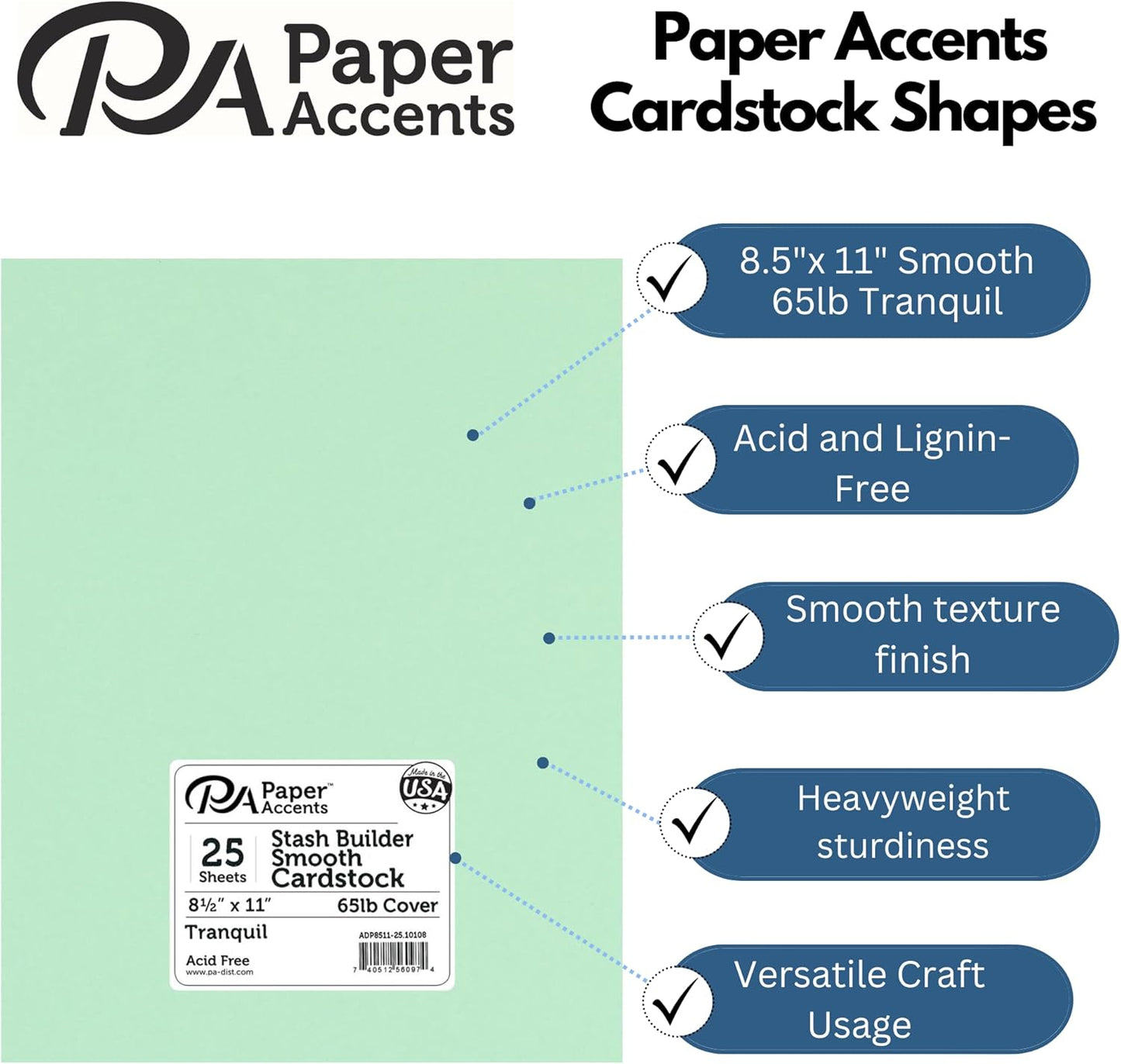 PA Paper Accents Stash Builder Cardstock 8.5" x 11" Tranquil, 65lb colored cardstock paper for card making, scrapbooking, printing, quilling and crafts, 25 piece pack