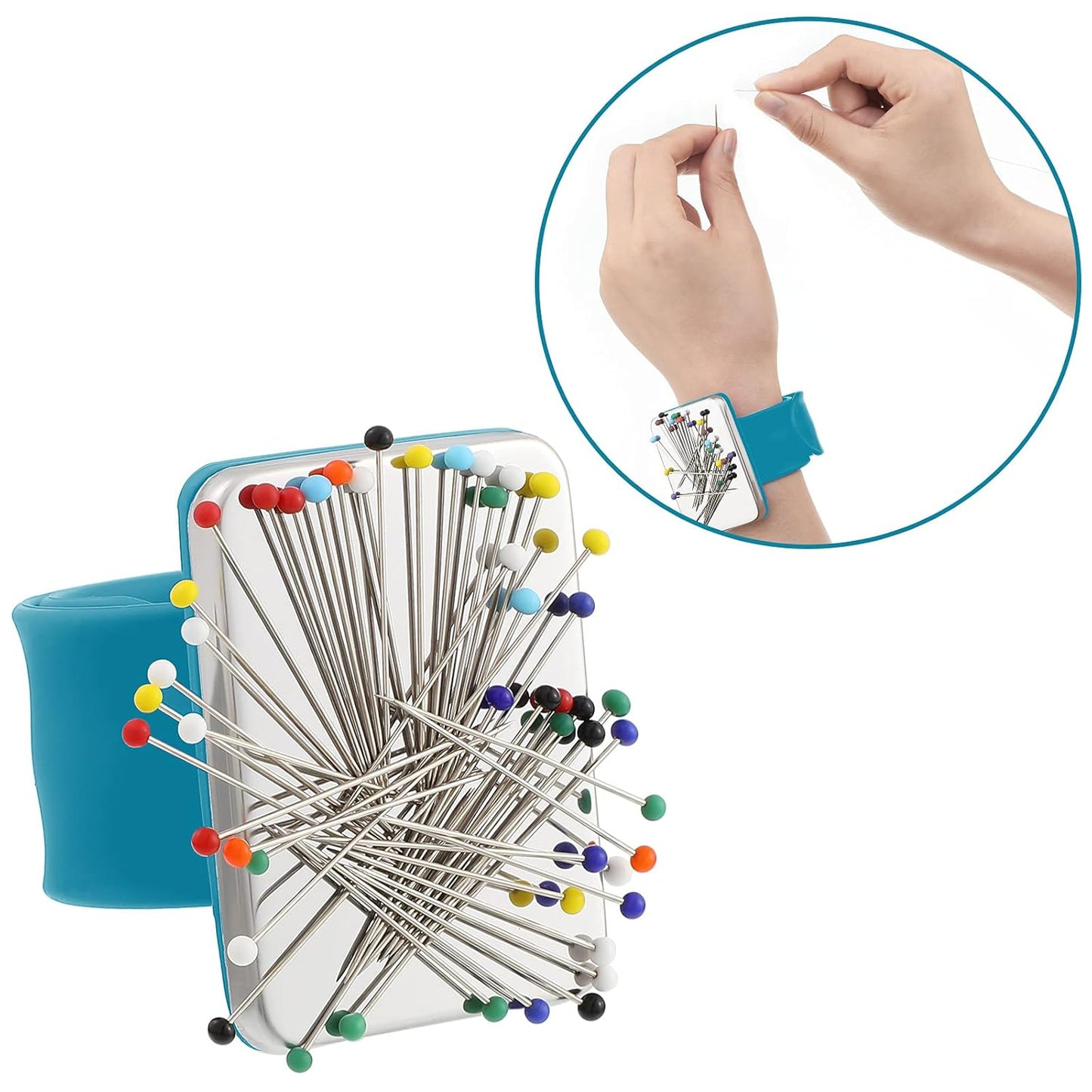 WILLBOND Magnetic Wrist Sewing Pincushion Wrist Magnetic Pin Holder Wristband Pin Cushion Holder with 3 Pcs Stainless Steel Pintail Comb Rat Tail Comb for Hair Clips Hand Sewing(Dark Blue)