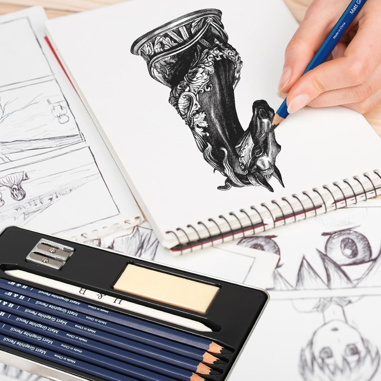 H & B Profession Sketch Pencils 9-Piece, Matte Sketch pencils, Sketch Pencil Set for Drawing, Shading, and Sketching for Beginners, Artists and professional artists