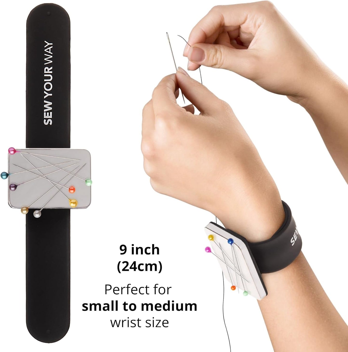 Sew Your Way Magnetic Pin Cushion Wristband Black 9" – Strong Pin Holder for Sewing & Quilting | Gift for Sewers Gift for Quilters | Top Sewing Notion & Quilting Accessory | Wrist Pin Cushion