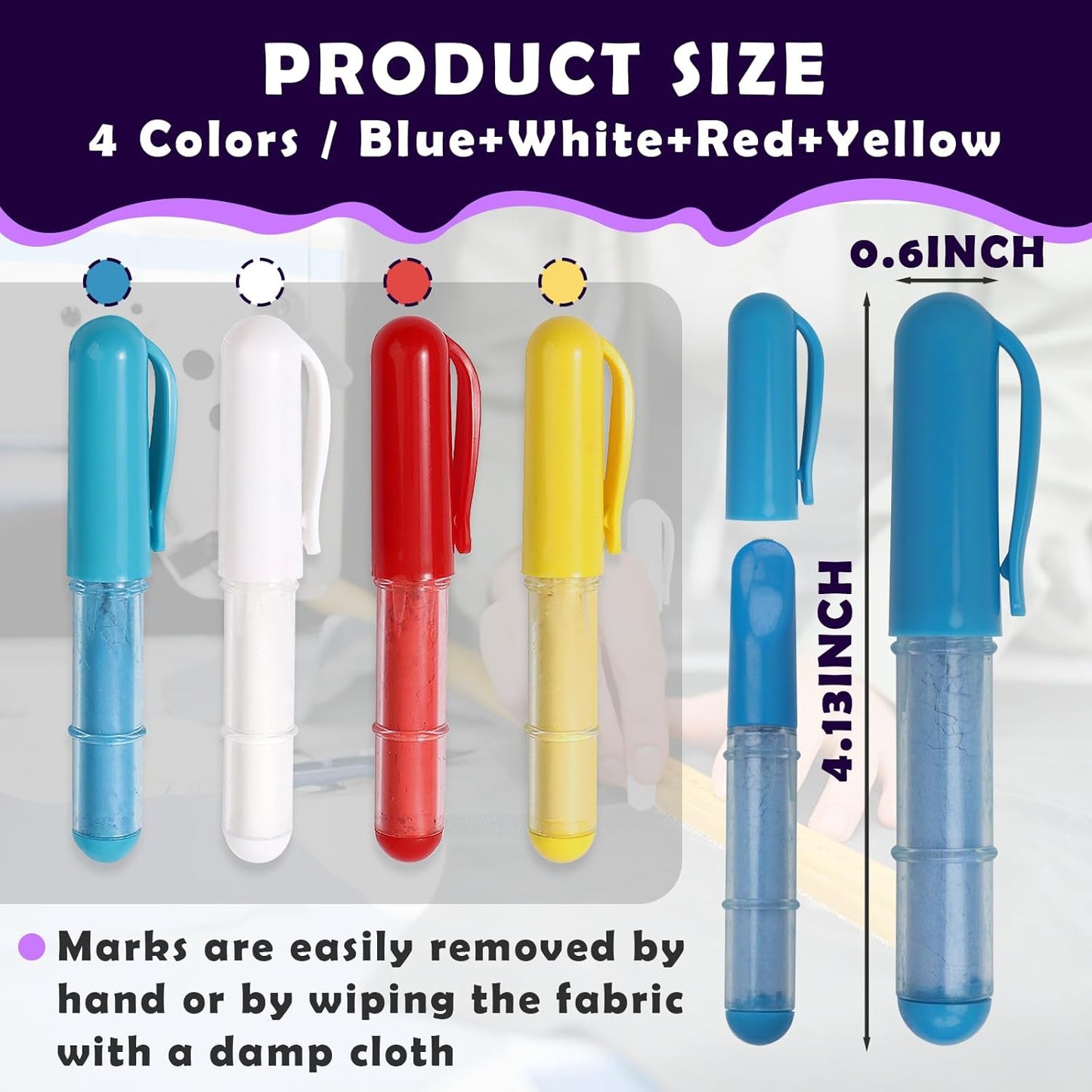 4PCS Sewing Chalk for Fabric, Wipeable and Washable Fabric Chalk for Sewing, Tailors Chalk for Fabric Etailed Marking on Fabrics, Cottons, Leathers - Blue, White, Red, Yellow