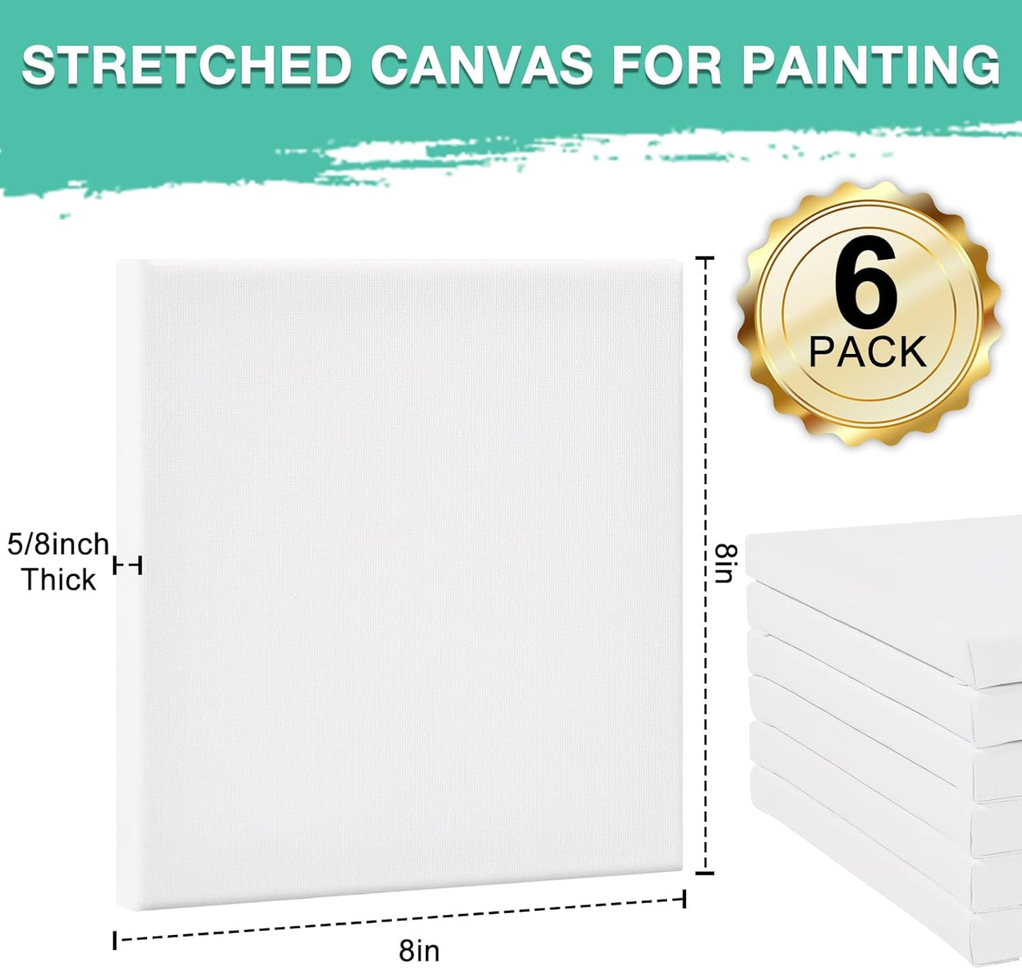 ESRICH Stretched Canvas, 6 Pack 8x8, Primed Acid-Free, Wood Framed Blank Canvas, Art Canvases for Beginners, Artists, Used for Oil, Acrylic Paint, Pouring Painting