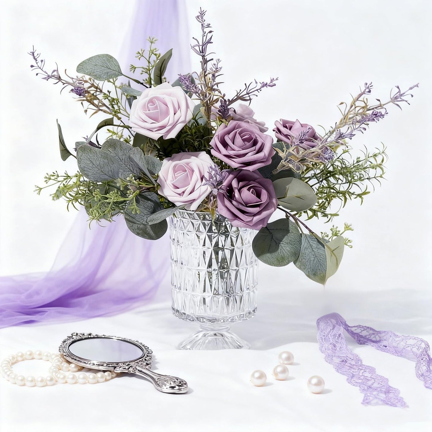 Artificial Flowers Foam Fake Roses 25pcs Series Purple Colors Roses with Stems for Home Decor DIY Wedding Bouquets Party Bridal Shower Centerpieces Faux Flower Arrangements Tables Decorations