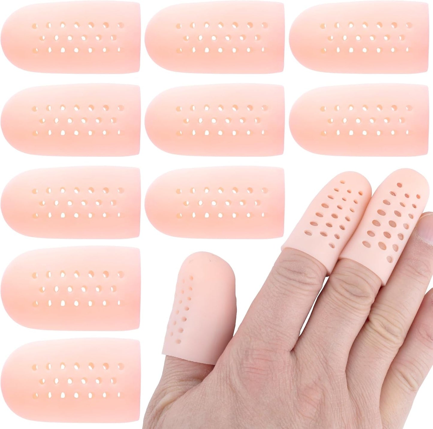 PAGOW 10pcs Gel Finger Cots/Covers, Silicone Finger Protector Support, Finger Caps Finger Sleeves Thumb Protector for Finger Cracking Trigger Finger Arthritis Pain Relief (Beige, 8 Small+2 Medium)