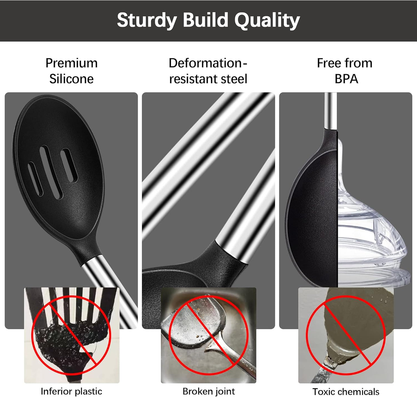 Silicone Spatula Spoon Set, 4 PCS Silicone Cooking Utensils Spatula Spoon Set with Stainless Steel Handle, BPA Free Kitchen Turners for Frying, Mixing, Serving, Draining, Turning, Stirring, Black