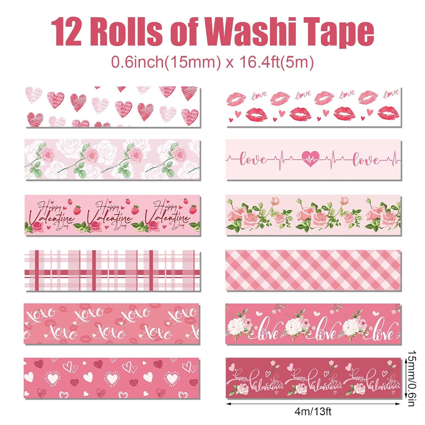 12 Rolls Pink Heart Washi Tape Set, Valentine's Day Love Heart Masking Tape Decorative Paper Tape for DIY Craft Wrapping Scrapbook Envelope Wedding Party,16.4FT