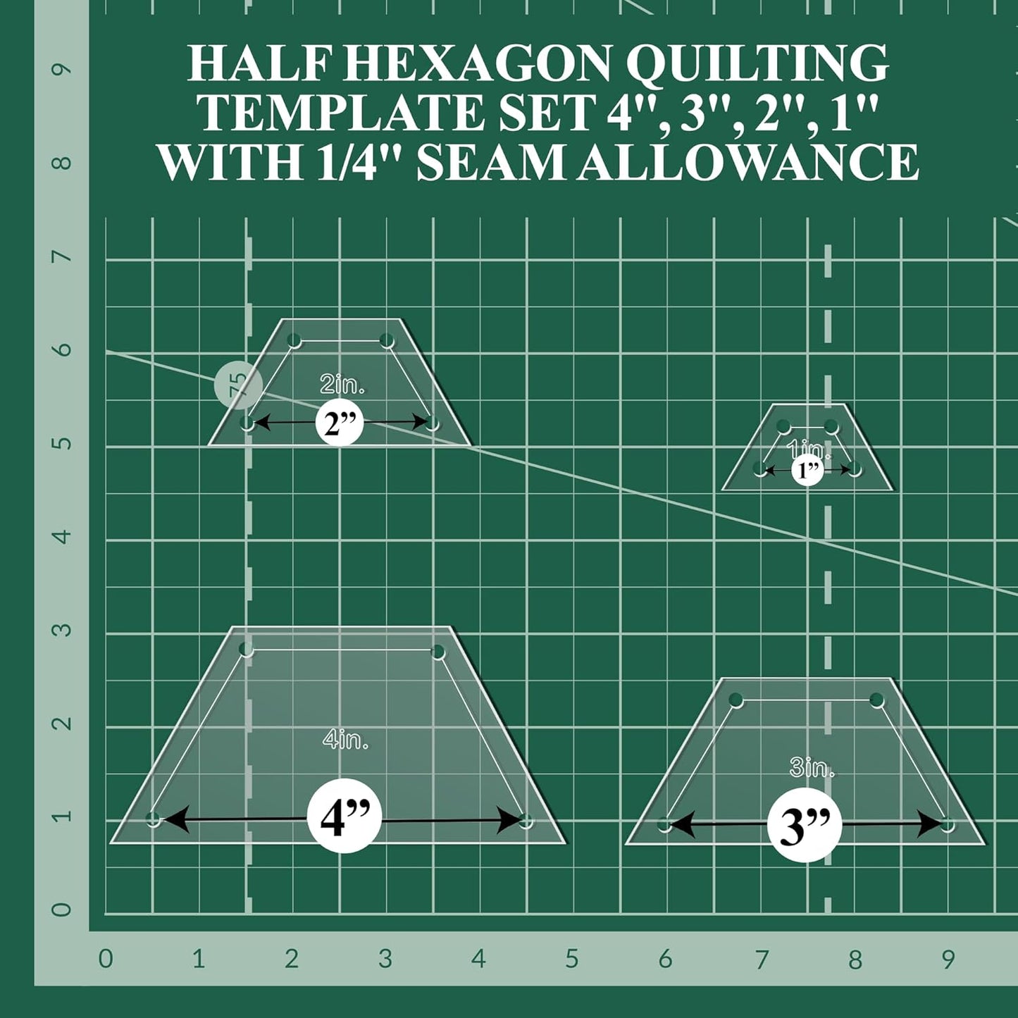 Quilting Acrylic Template Set | Precision Tools for Quilting Enthusiasts | Half Hexagon Design | Includes Sizes 4", 3", 2", 1" | 1/8 Clear Acrylic | 1/4" Seam Allowance for Accuracy