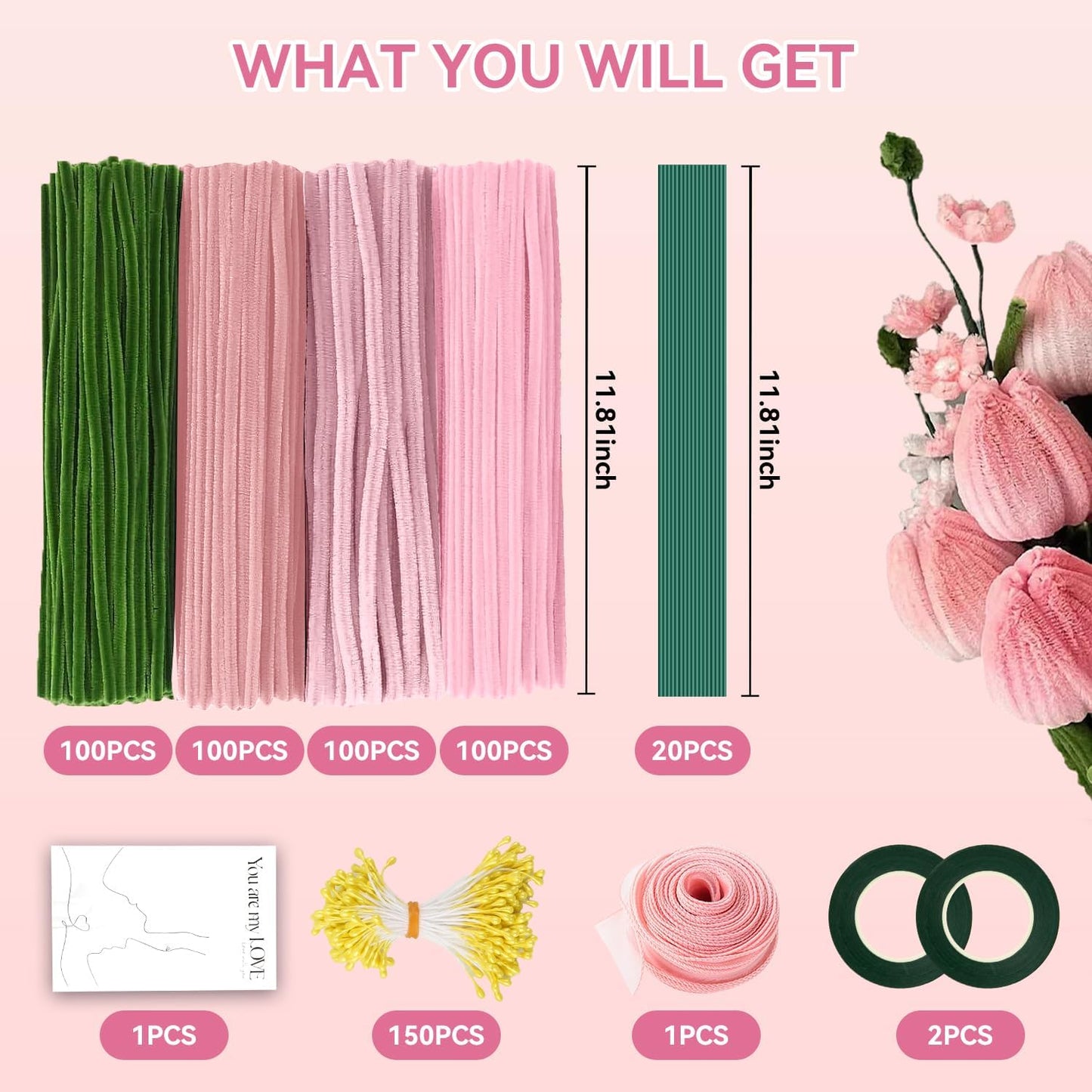 400PCS Pink Pipe Cleaners Bulk – 4 Colors Chenille Stems for Crafts, DIY Art Supplies, Fuzzy Sticks for Crafting Flowers, Wedding & Valentine's Day Decorations, Kids School Craft Kit