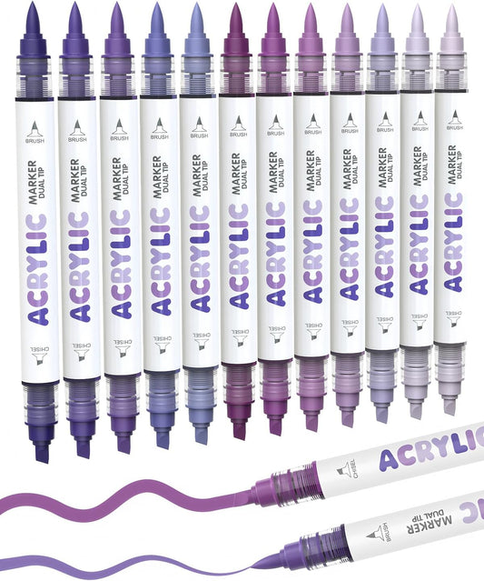 Guangna 12 Purple Dual Tip Acrylic Paint Markers, Brush Tip & Chisel Tip Acrylic Paint Pens for Rock, Wood, Glass, Paper, Coloring Book, Ceramic, Canvas, Water-Based Ink