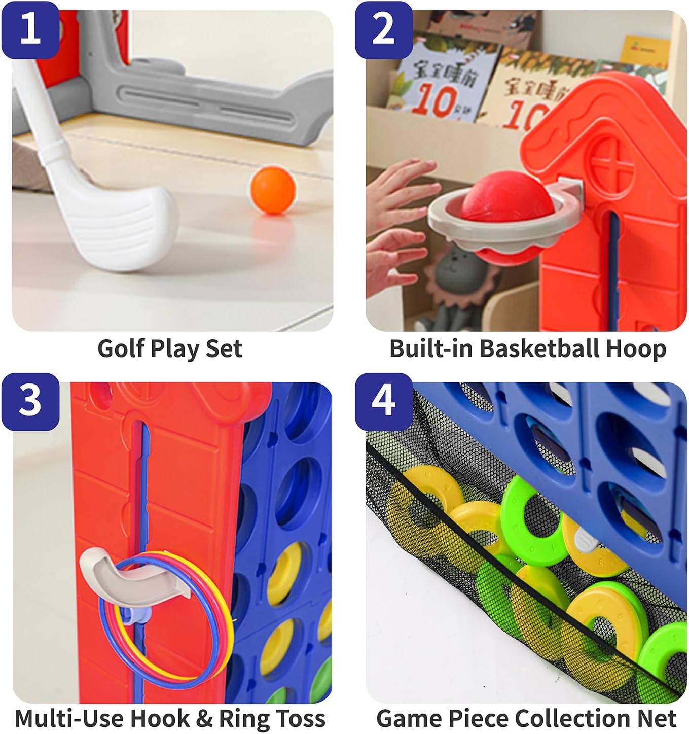 UNICOO Giant 4 in A Row Game with Carry Bag, Basketball Hoop, Ring Toss Game, 4-to-Score Game | Large Outdoor Yard Game, Parties & Gatherings Games