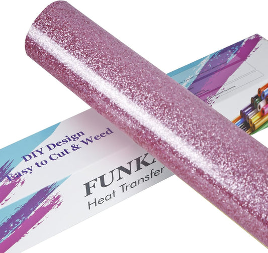 FUNKAKA Glitter Pink HTV Heat Transfer Vinyl Rolls, 12" x 8ft PU Iron on Vinyl for T-Shirt Pink Glitter HTV Vinyl for All Cutter Machines Easy to Cut & Weed for Heat Vinyl Design