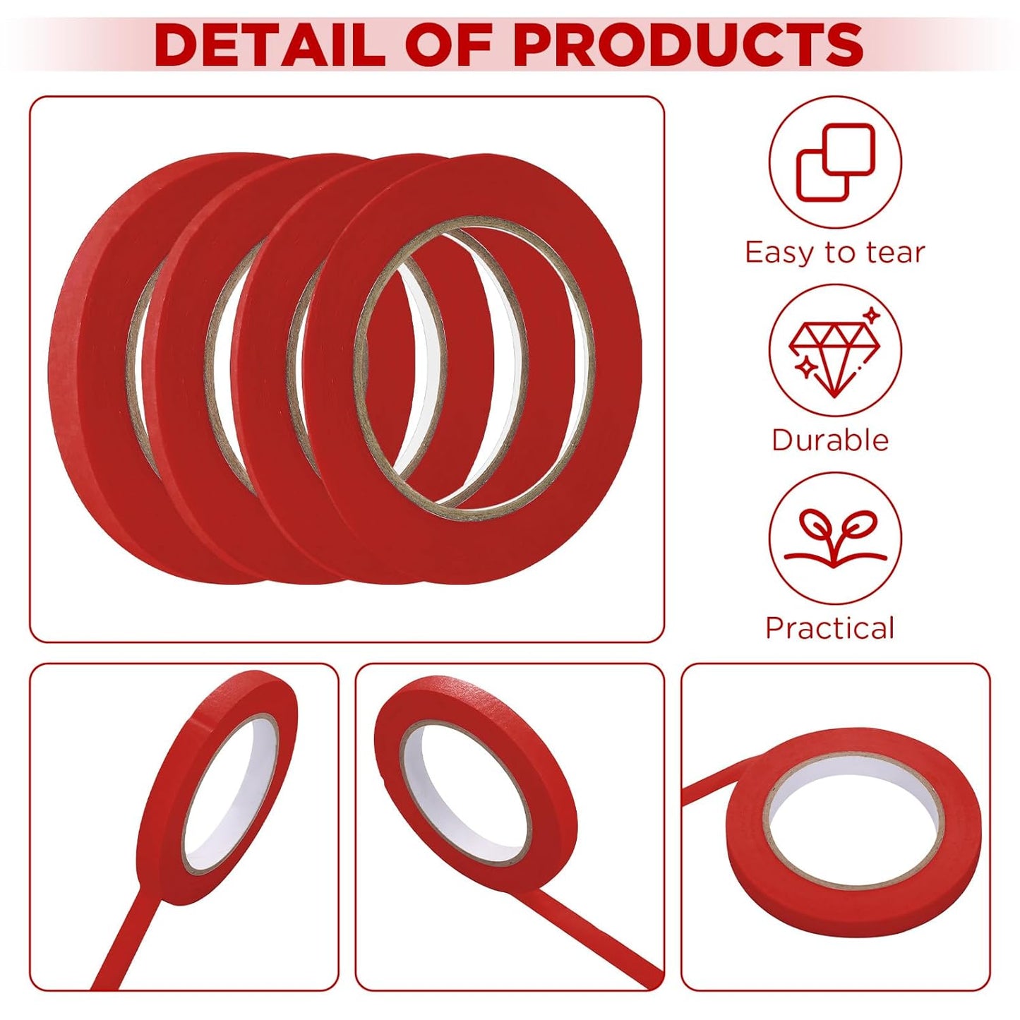 Epakh 4 Rolls Pinstripe Tape, Masking Tape in 1/16, 1/8, 1/4 and 1/2 Inch Wide, for Painters Automotive DIY Car Auto Paint Art (Red,55 yd)