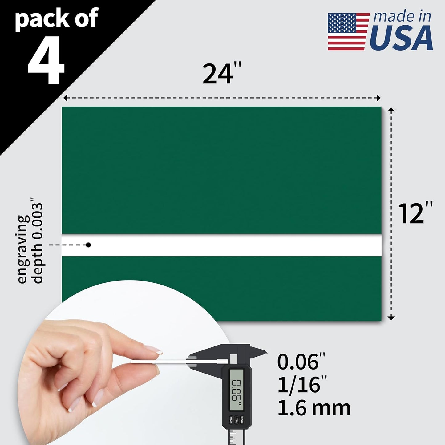 Trotec TroLase | 12"x24"x1/16", 4 Pcs | Dark Green/White | 2 Ply | Modified Acrylic | Laser Engraving Double Color Plastic Sheet | Engraving Blanks for Laser, Saw, Guillotine | Made in USA