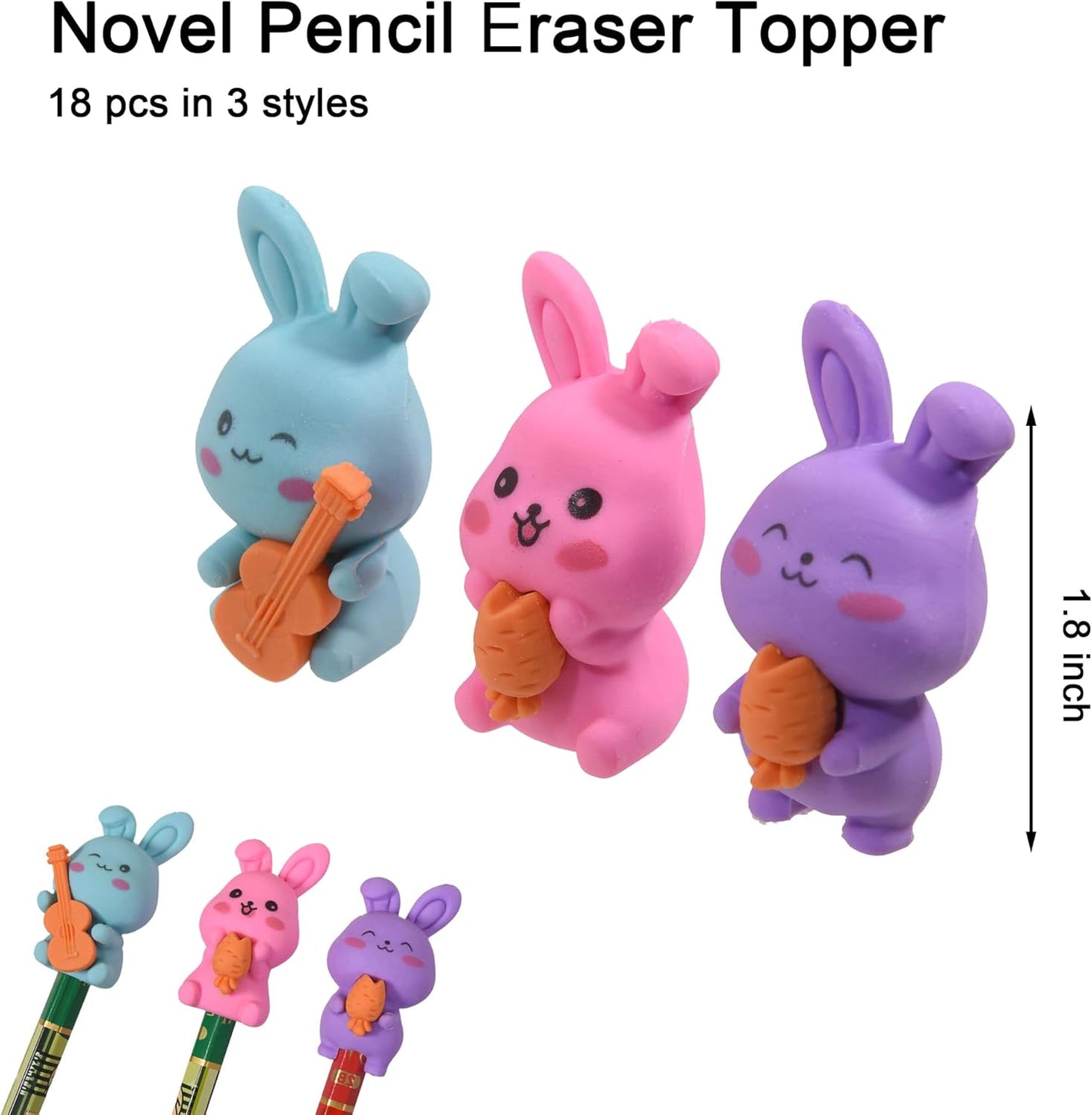 HILAZA 18Pcs Pencil Top Erasers for Kids, 3D Cute Rabbit Pencil Toppers, Bulk Fun Pencil Cap Easters for School Classroom Supplies Prize Gifts Party Favors
