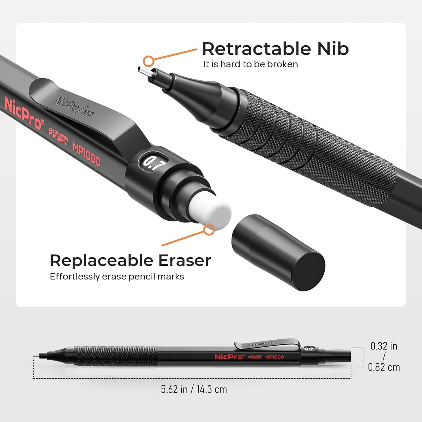 Nicpro 22PCS Art Mechanical Pencil Set, Black Artist Metal Drafting Pencil 0.5 & 0.7 & 0.9 mm & 2PCS 2mm Graphite Lead Holder(4B 2B HB 2H) for Drawing Writing Sketching With Lead Refills Erasers Case