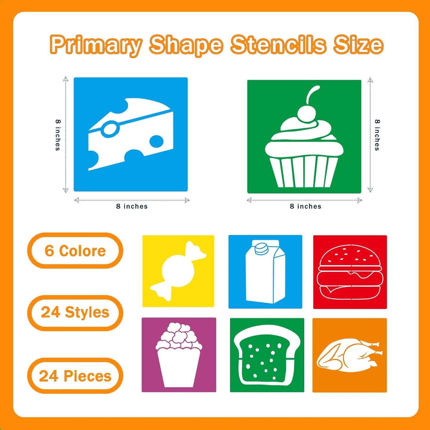 24 Pieces Stencils for Kids,Large Drawing Stencils Chalk Template,8 Inches Washable Shape Template Kit for Crafts,Painting Drawing for Kids Toddlers Preschool(Food, 8 inch)