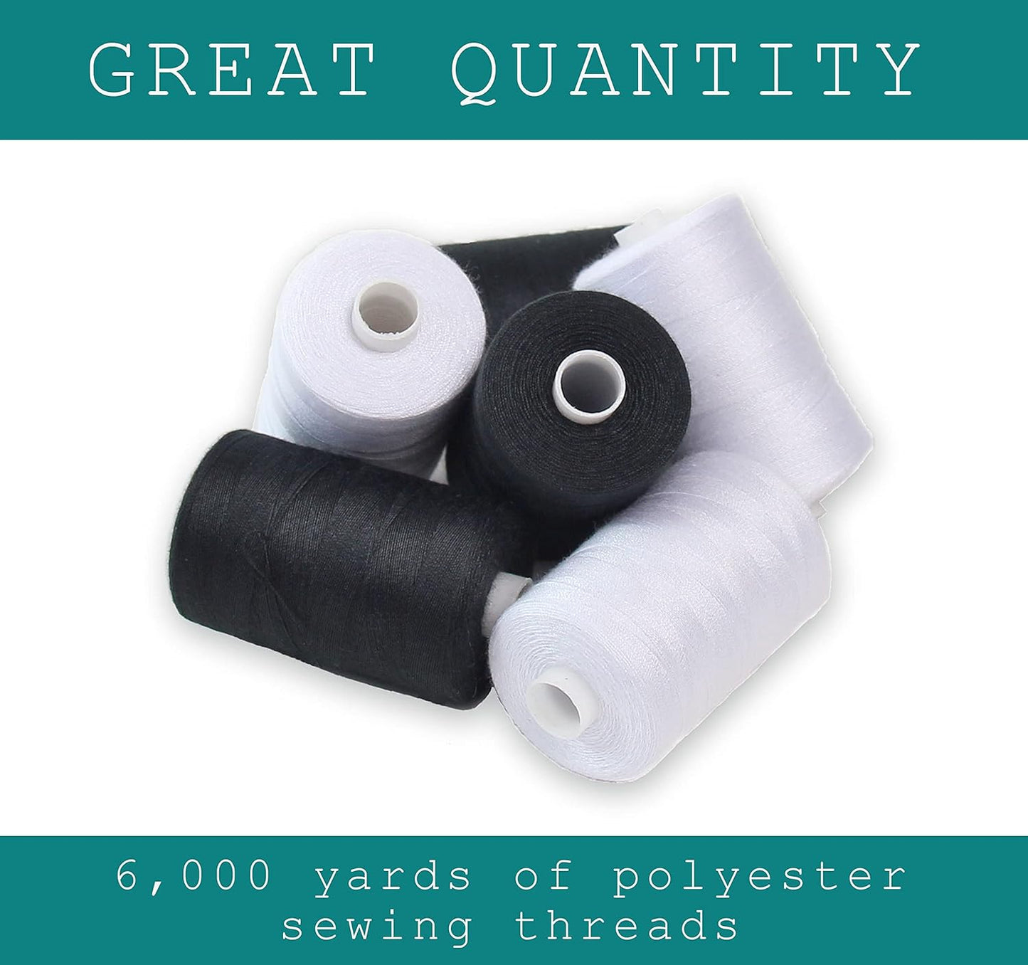 Black & White Sewing Thread - 6 Spools of Polyester Thread for Sewing Machine for Beginners, Hand Stitching & Quilting - 1000 Yards Per Spool