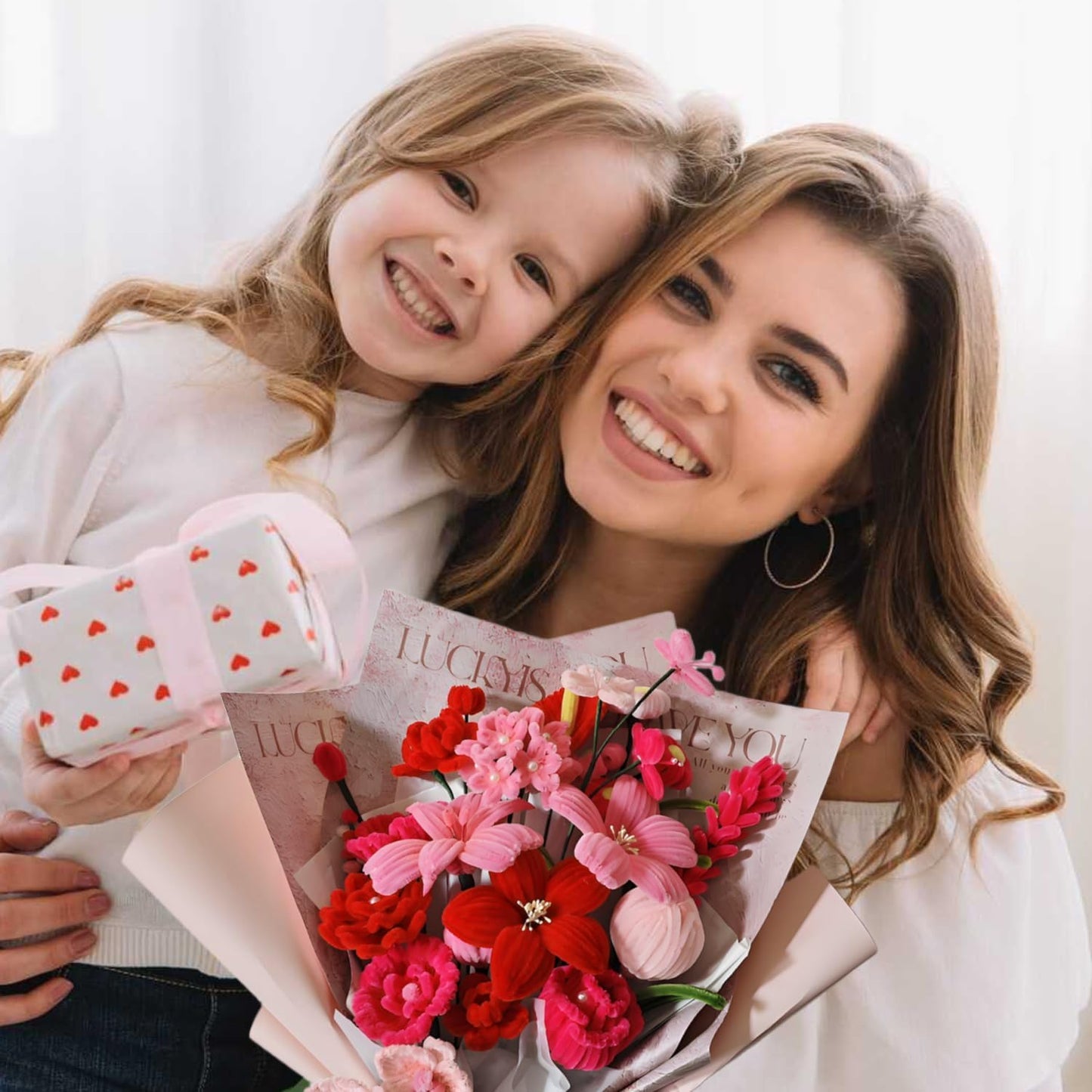 500 Pcs Pipe Cleaners Craft，5 Colors Pipe Cleaners Bulk,Chenille Stems Flowers Craft kit for DIY Handmade Bouquet Wrapping Party Decorations whit Ribbons，Stems,Tape，Stamens, Glue Sticks (Red)