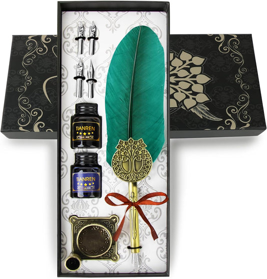 Quill pen ink set,Feather Pen and Ink Set,Antique Calligraphy Pen with 4 Replaceable Nibs,2 Bottle of ink,Feather Dip Pen Holder Christmas Gift for Men&Women.(Green)