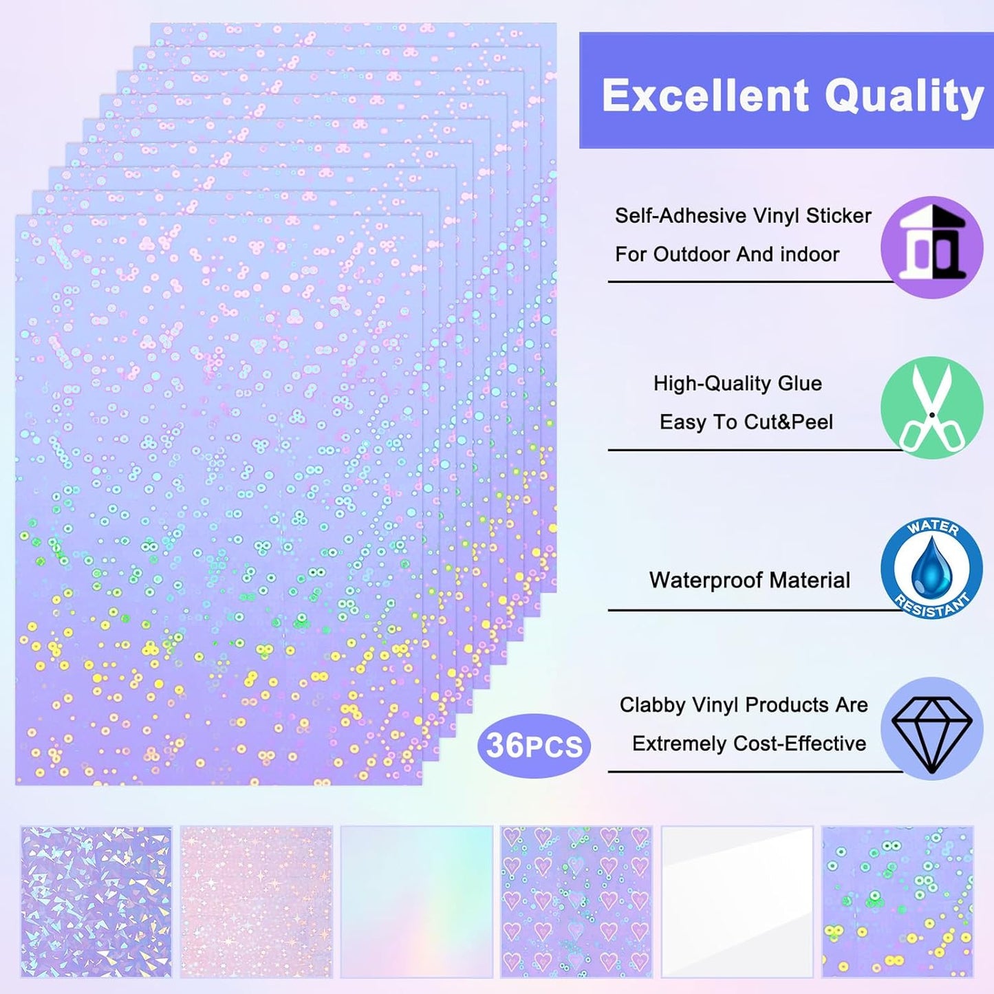 Clabby 36 Sheets Holographic Sticker Paper A4 Vinyl Sticker Paper Self Adhesive Waterproof Transparent Film, 11.7 x 8.3 inches (Gem, Dot, Colorful, Star, Heart, Glossy Clear)