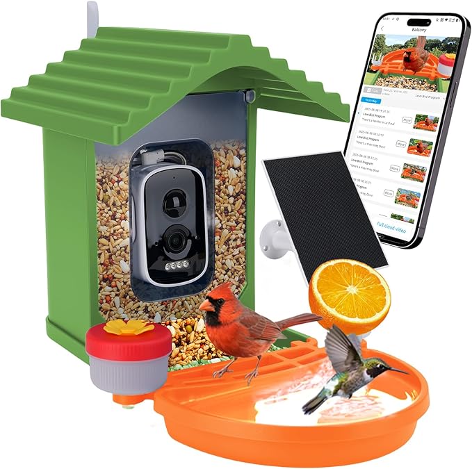Smart AI Bird Feeder with Camera,2.5K HD Live View,Solar Powered,Instant Birds Species Recognition,Real Time Alerts,Wireless Birdhouse with Night Vision,Ideal Gift,Green