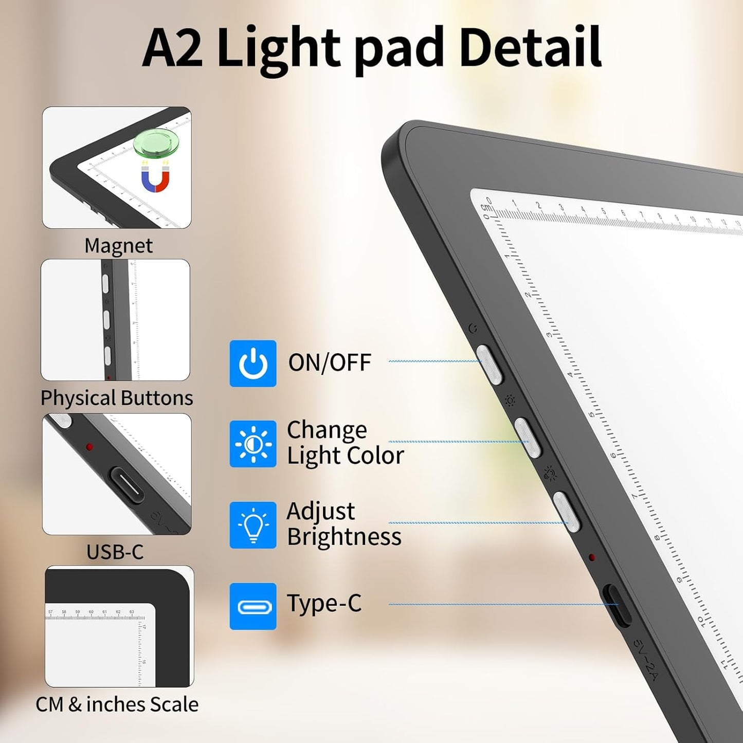 TOHETO A2 Light Pad 25.2''x18.4'', Large Magnetic LED Light Board for Diamond Painting, 3-Color Modes Light Box for Tracing, 6-Level & Stepless Dimmerable Diamond Art Light Table for Drawing,Sketching