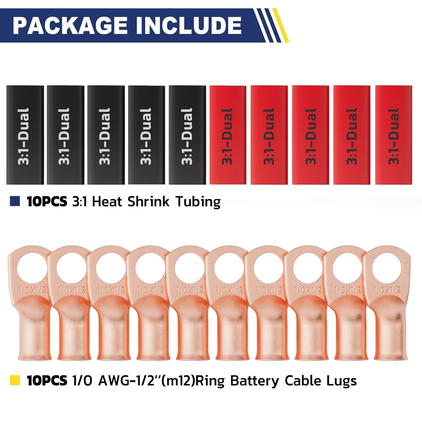 haisstronica 10pcs 1/0 AWG - 1/2" (M12) Battery Cable Lugs, Heavy Duty Copper Wire Lugs with 10pcs 3:1 Adhesive Heat Shrink Tubing,0 Gauge Wire Connectors Battery Terminal Connector,Battery Cable Ends