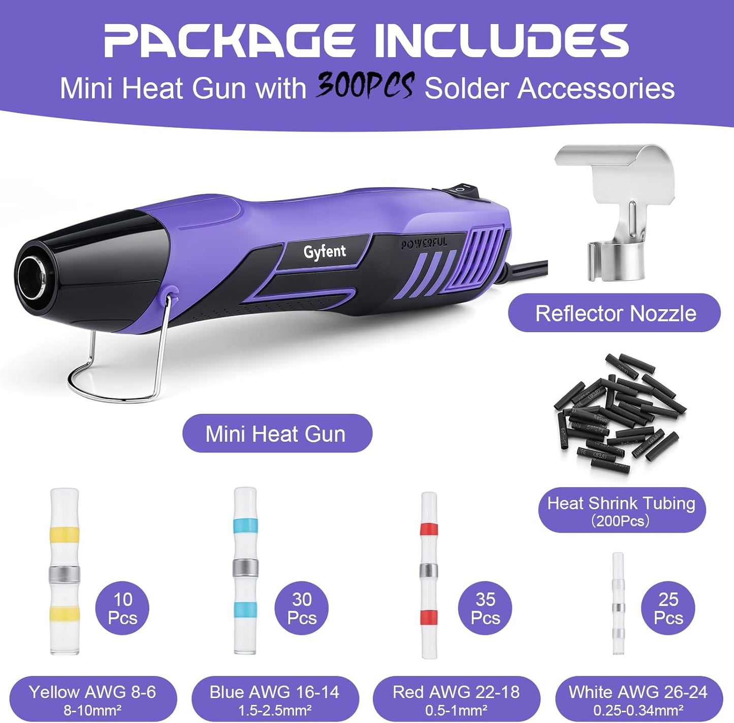 Gyfent Heat Gun with 100Pcs Solder Seal Wire Connectors & 200Pcs Heat Shrink Tubing, 662°F/752°F(350°C/400°C) 350W 2-Temp Mini Heat Gun with 5Ft Power Cord for Crafting Shrink Tubing Embossing DIY