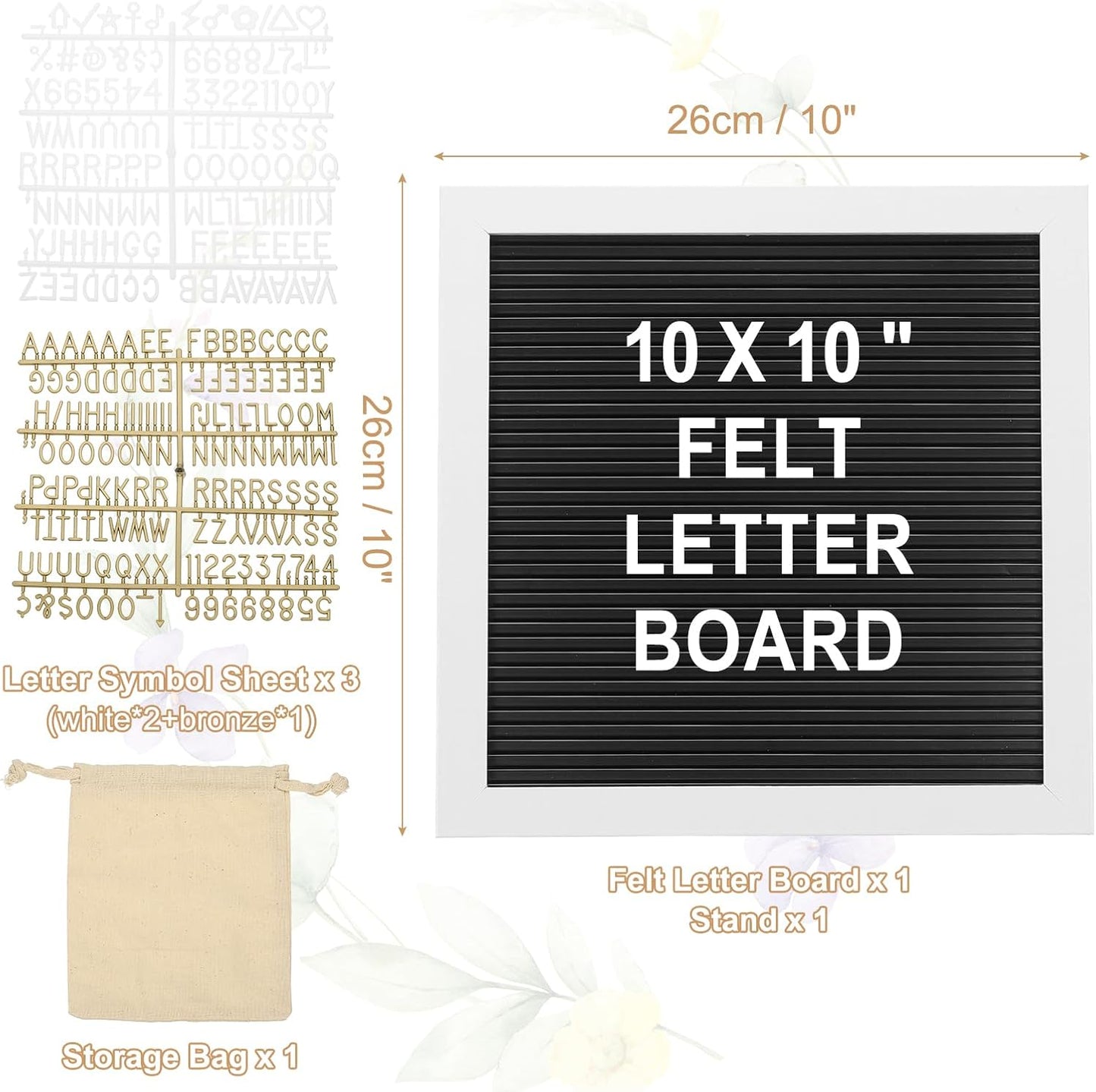 PATIKIL Felt Letter Board, 10x10Inches Black White Wooden Changeable Message Board with Storage Bag Stand for Kitchen Menu Classroom Farmhouse Decor Notes, White Bronze Letter